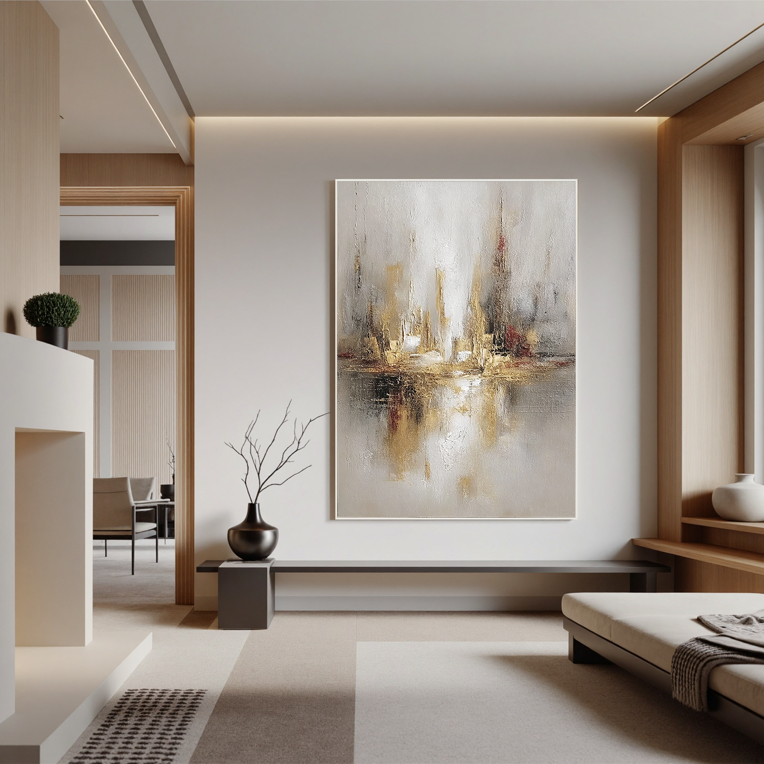 Abstract Cityscape Oil Painting, Neutral Gold Skyline Wall Art for Living Room Decor #OA 0575