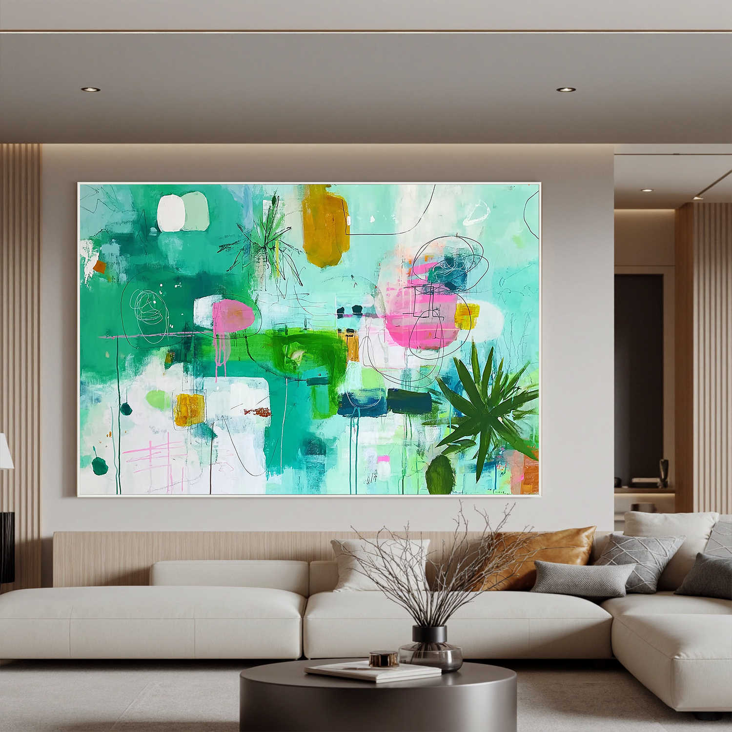 Green Abstract Oil Painting, Modern Botanical Wall Art for Living Room Decor #OA 0505