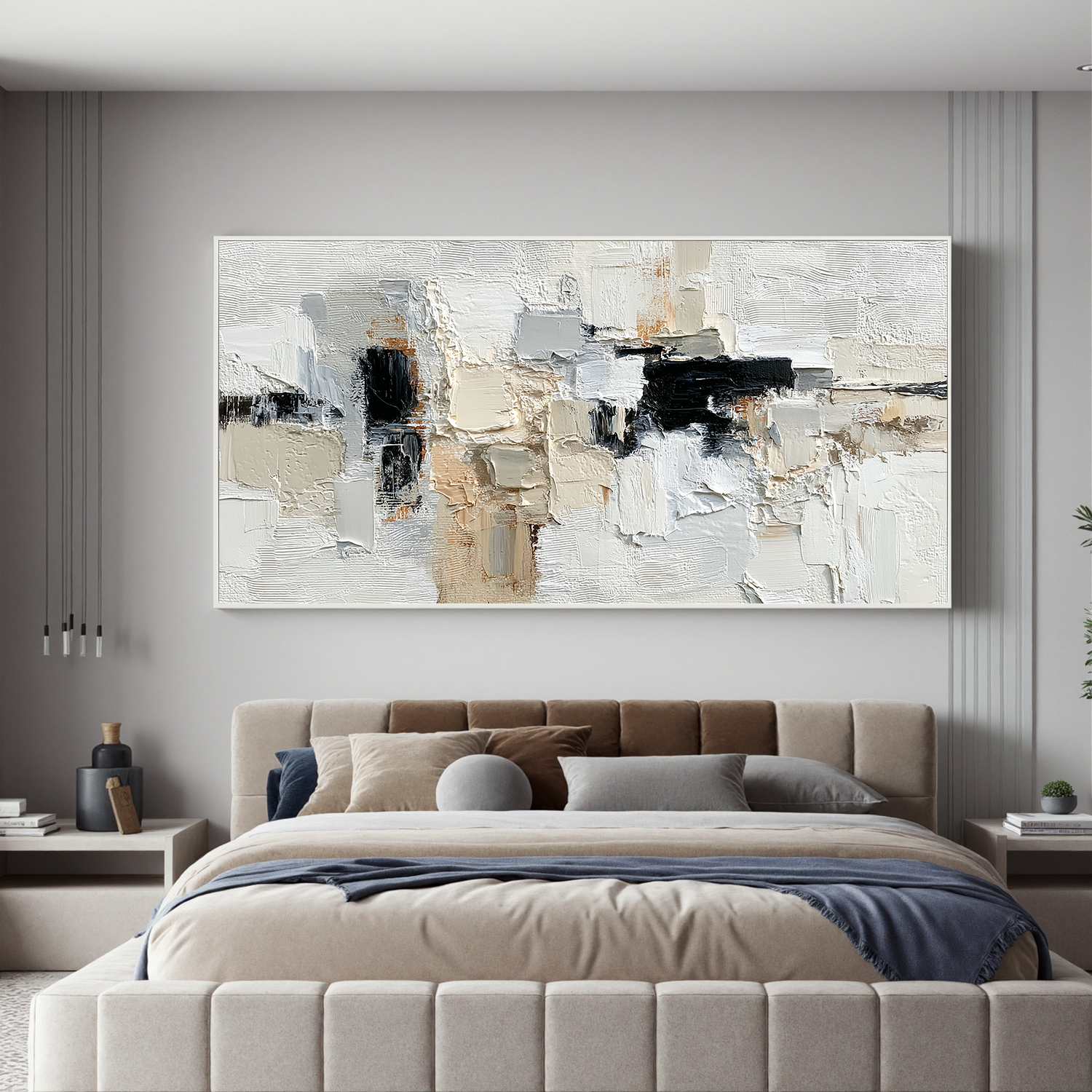 Large Neutral Abstract Canvas Wall Art – Textured Black White Beige Painting for Modern Living Room Decor#OA 0872