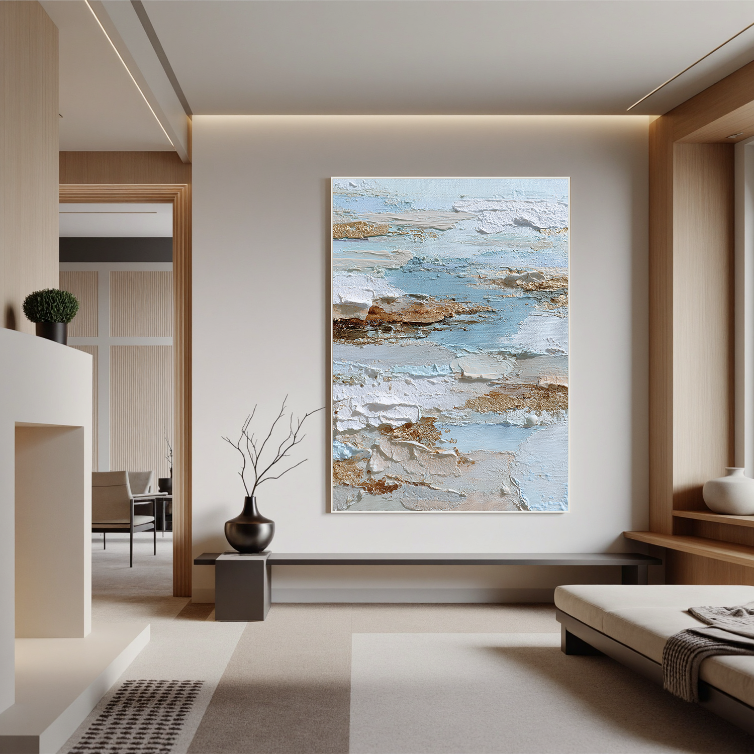 Vertical Abstract Coastal Canvas Wall Art – Light Blue & Neutral Texture Seascape Painting for Modern Home Decor#OA 0844