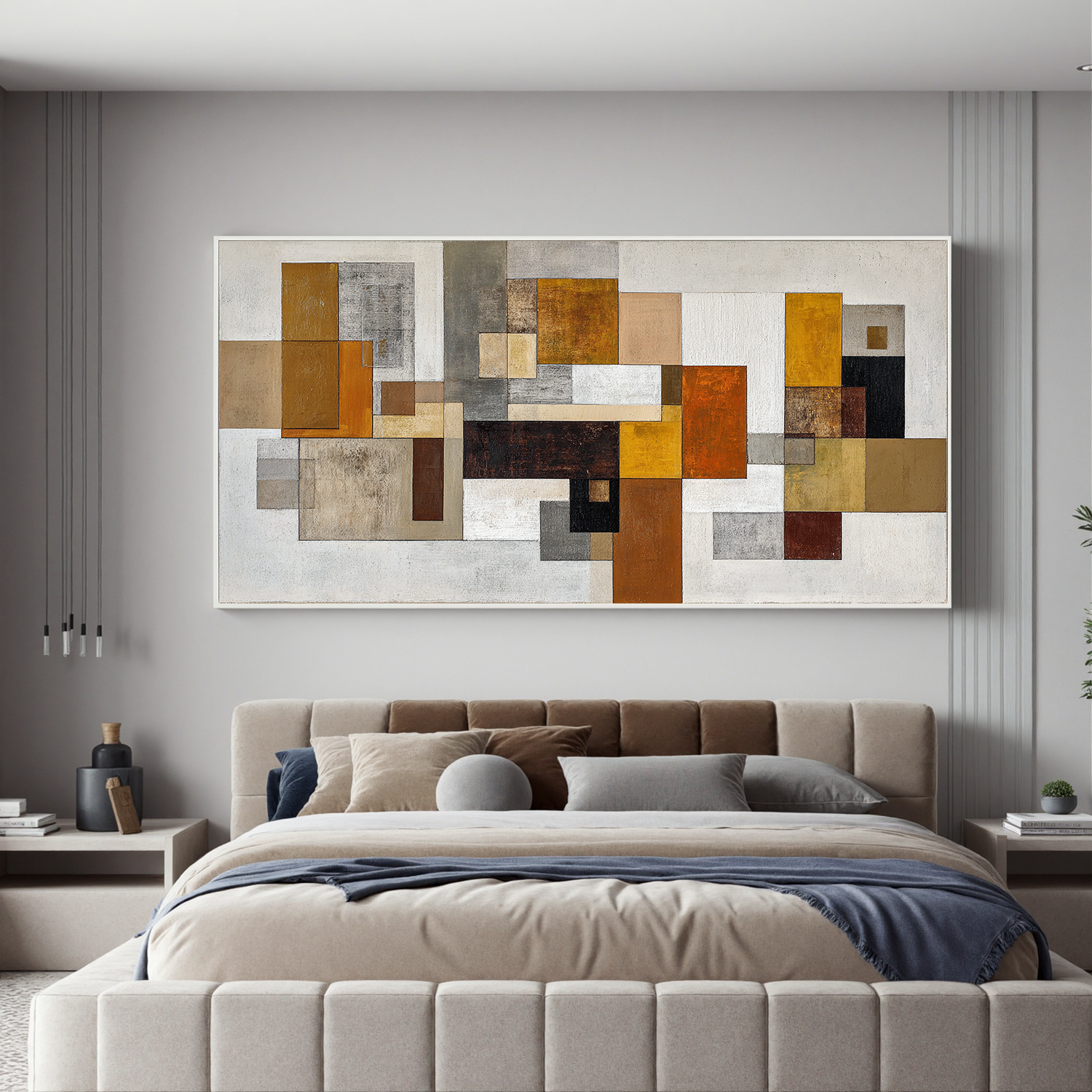 Mid Century Modern Geometric Abstract Canvas Wall Art – Large Horizontal Neutral Beige and Mustard Yellow Painting for Living Room Decor#OA 0866