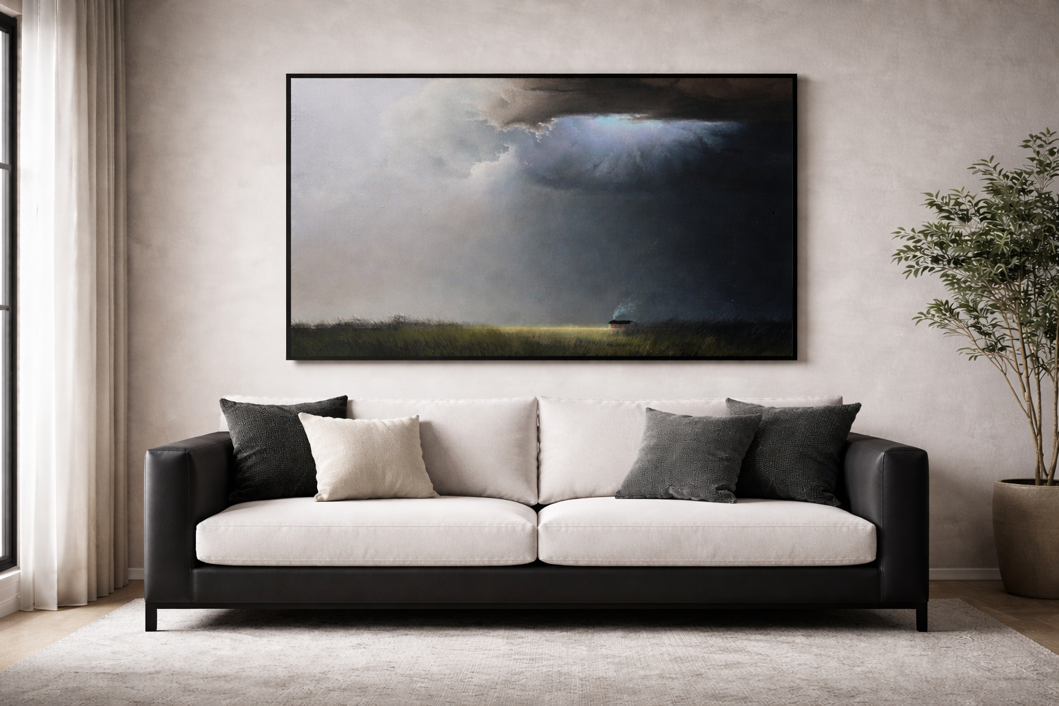 Dramatic Sky Landscape Wall Art, Moody Cloud and Light Canvas Painting with Solitary Cabin for Living Room Decor #OA 0726
