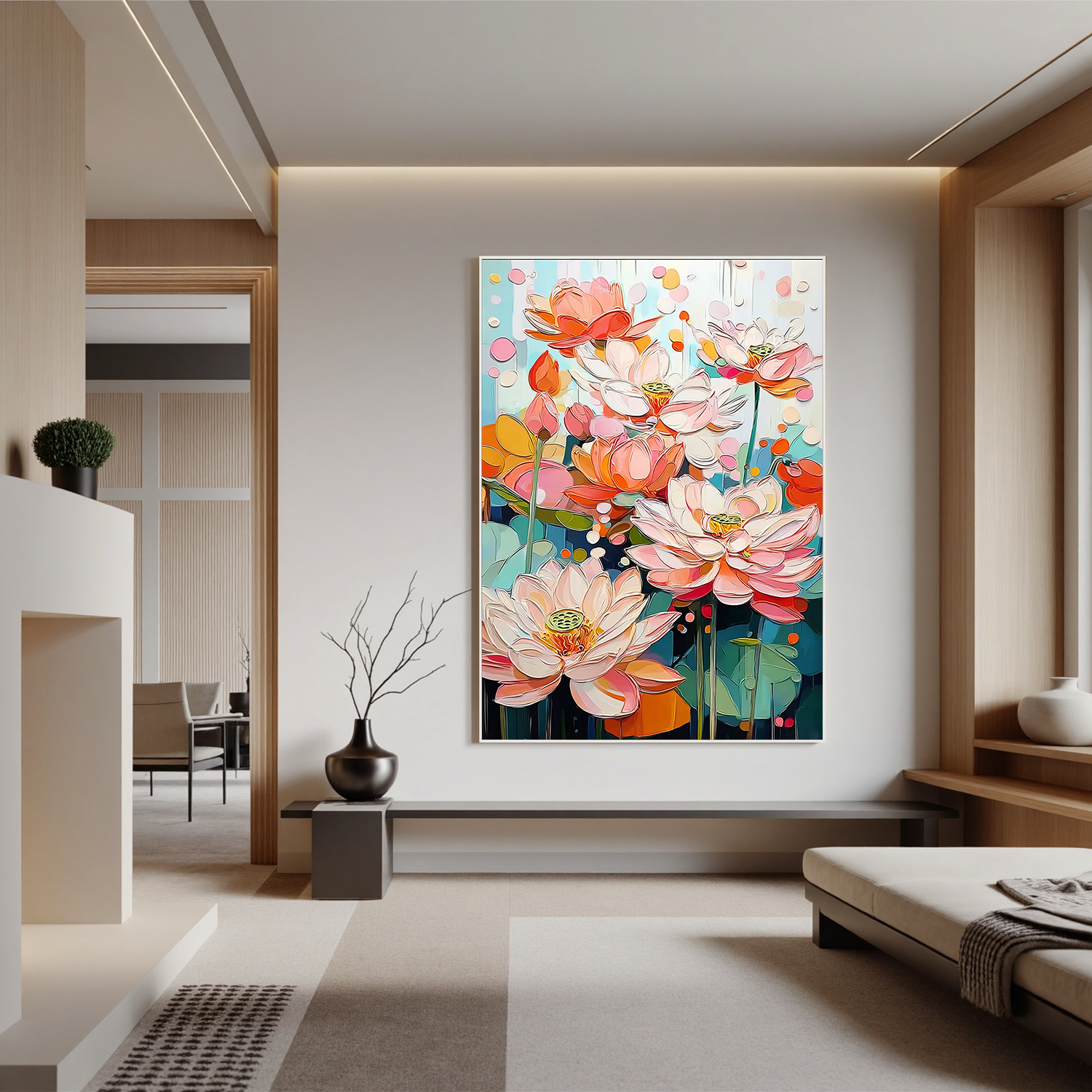 Colorful Lotus Flower Oil Painting, Pink Floral Wall Art for Living Room Decor #OA 0538