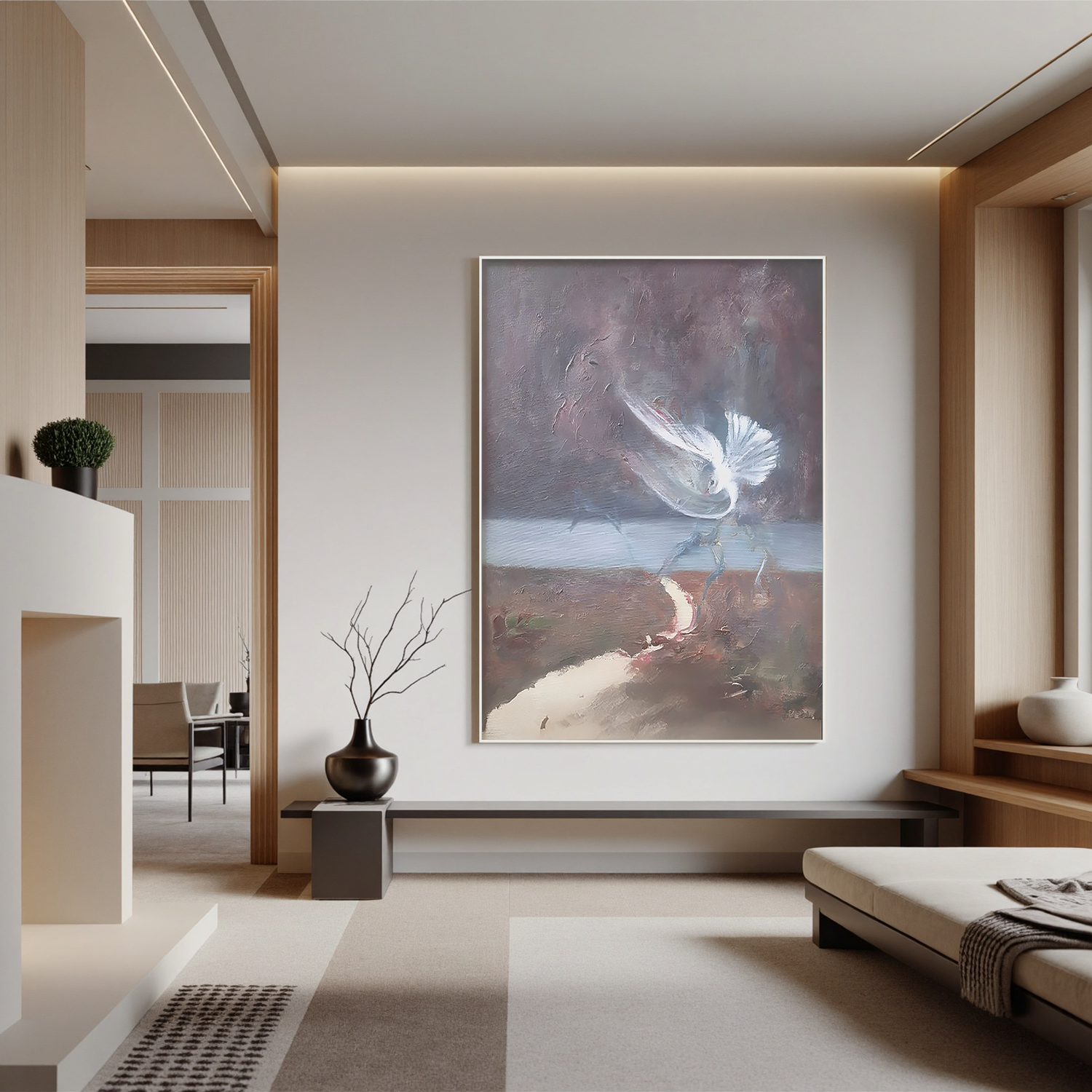 White Bird in the Mist-Abstract White Bird Wall Art