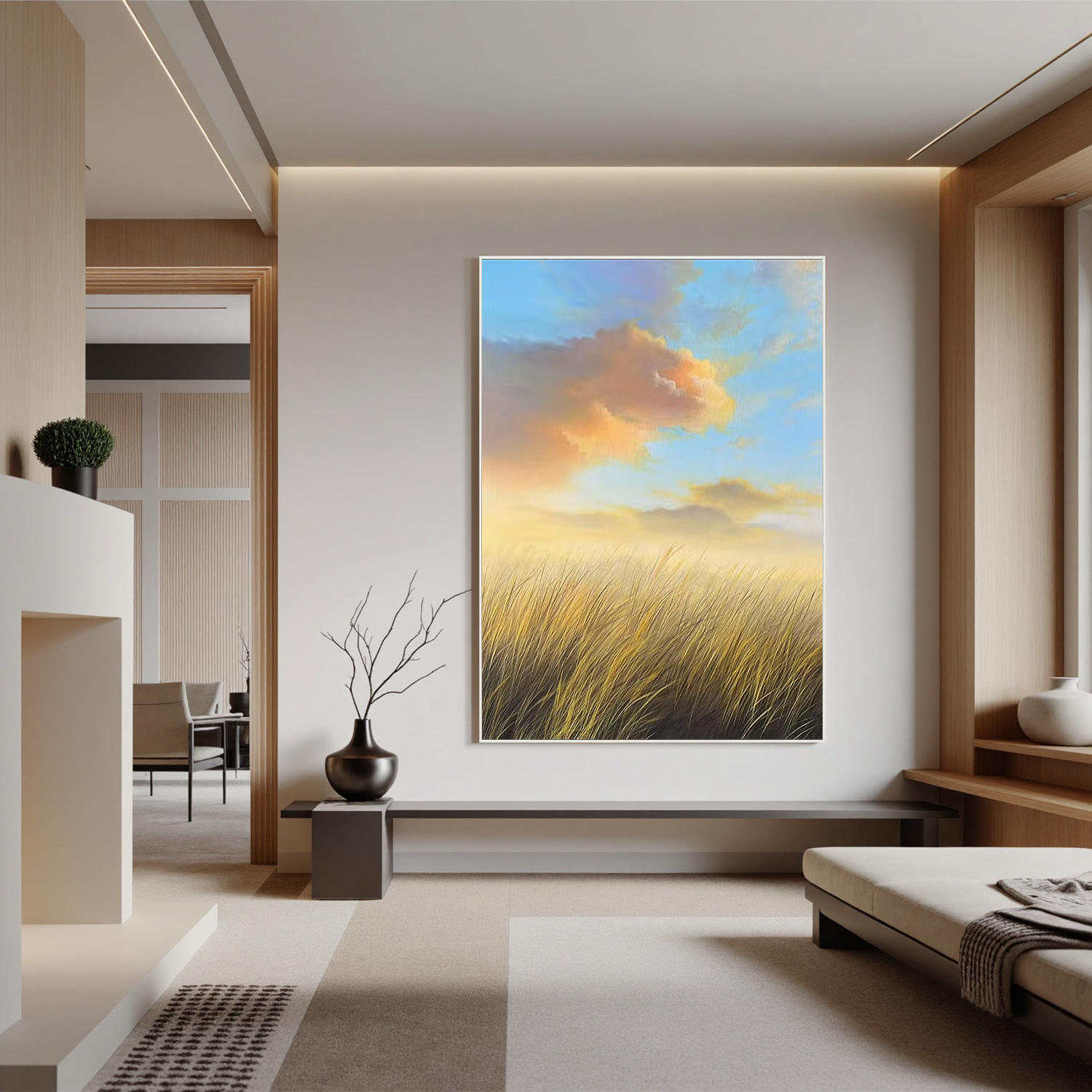 Golden Meadow Landscape Wall Art – Serene Sunrise Field Canvas Painting for Living Room Decor #OA 0800