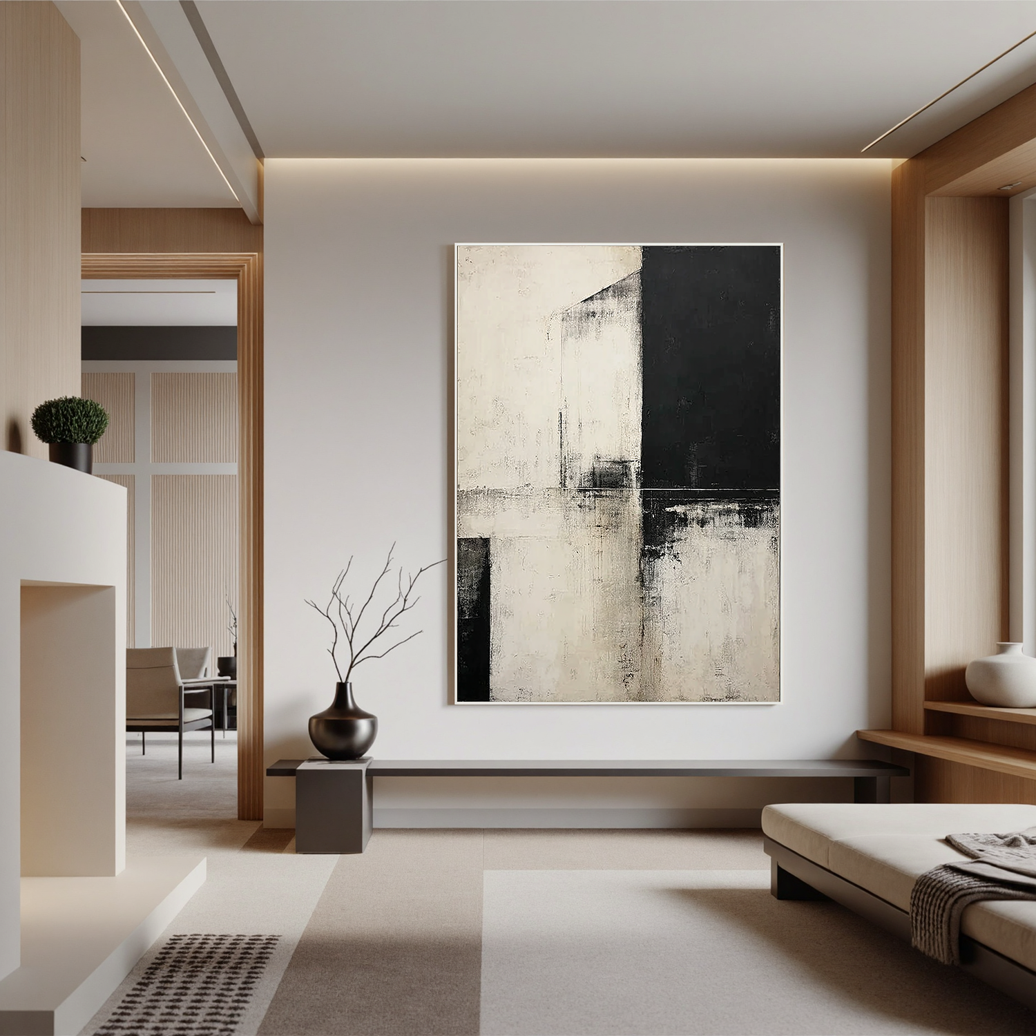 Black and White Abstract Oil Painting Canvas – Minimalist Geometric Wall Art for Modern Living Room Decor#OA 0548