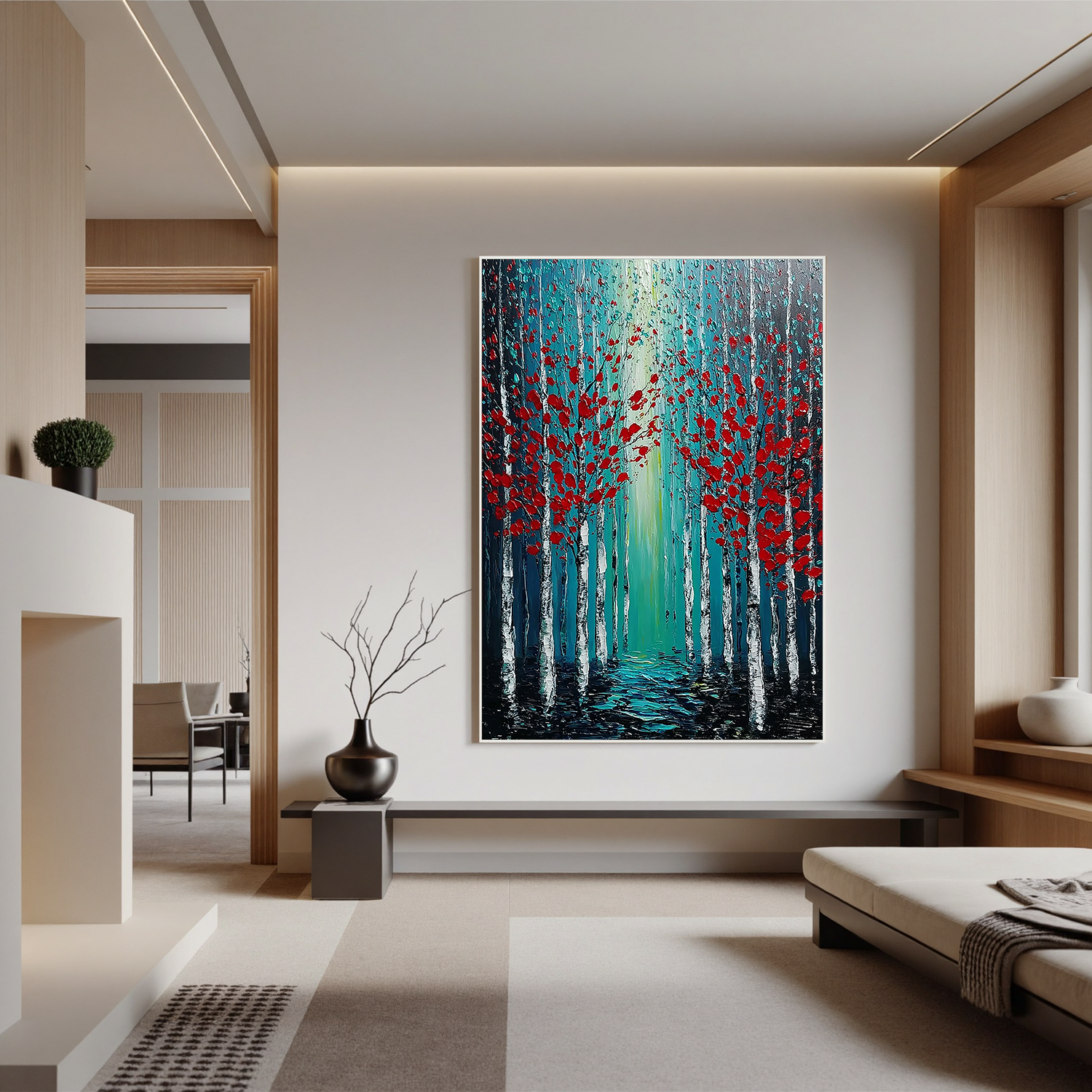 Red Leaf Forest Oil Painting, Blue Woodland Landscape Wall Art for Living Room Decor #OA 0578