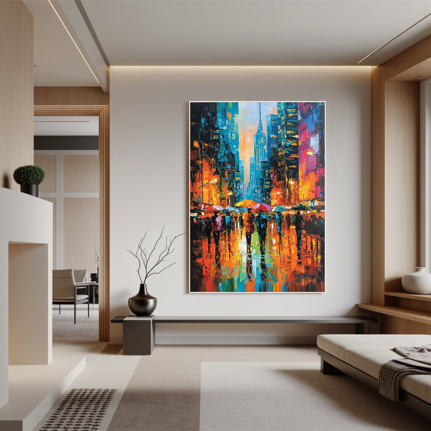 Colorful Rainy City Street Oil Painting, Abstract Urban Wall Art for Living Room Decor#OA 0528