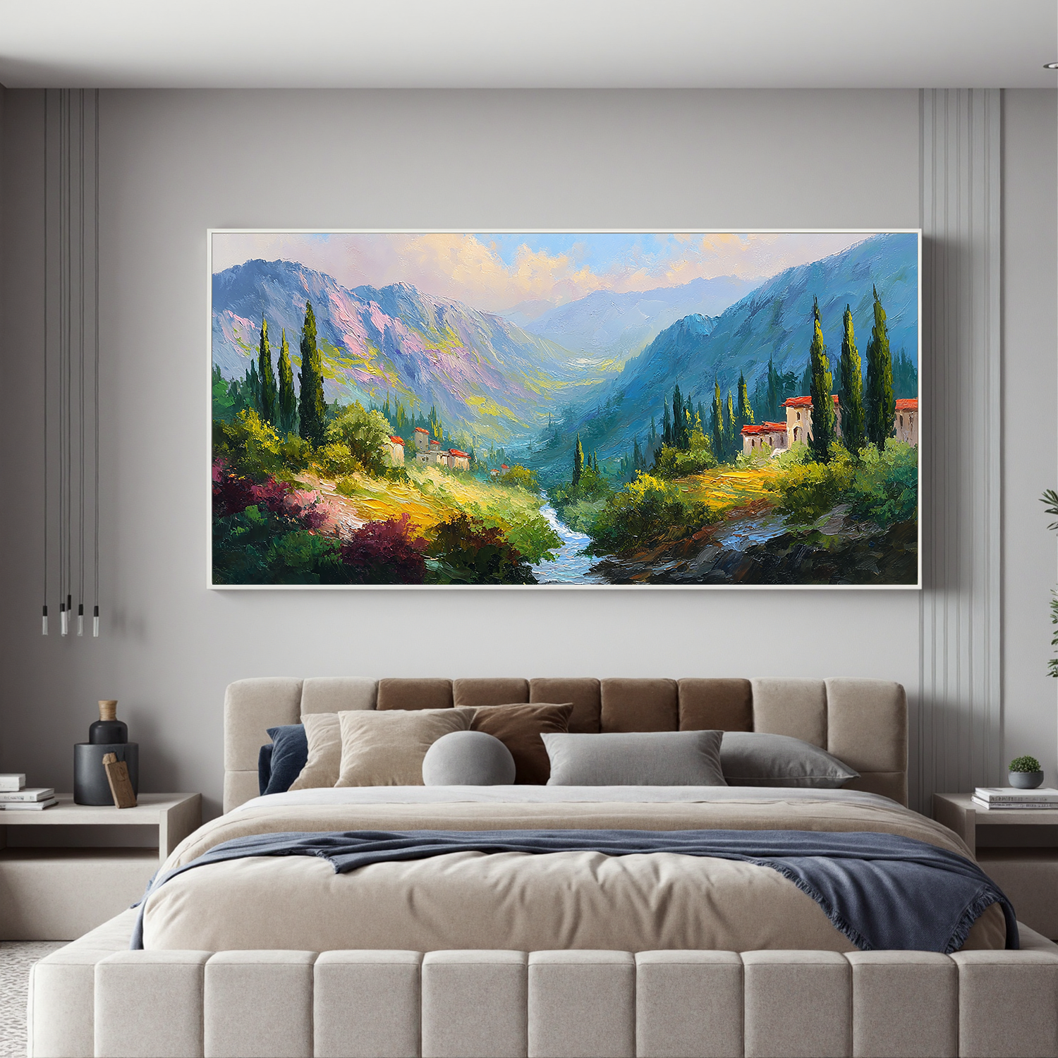 Large Mediterranean Mountain Landscape Oil Painting – Scenic Valley Canvas Wall Art#OA 0889