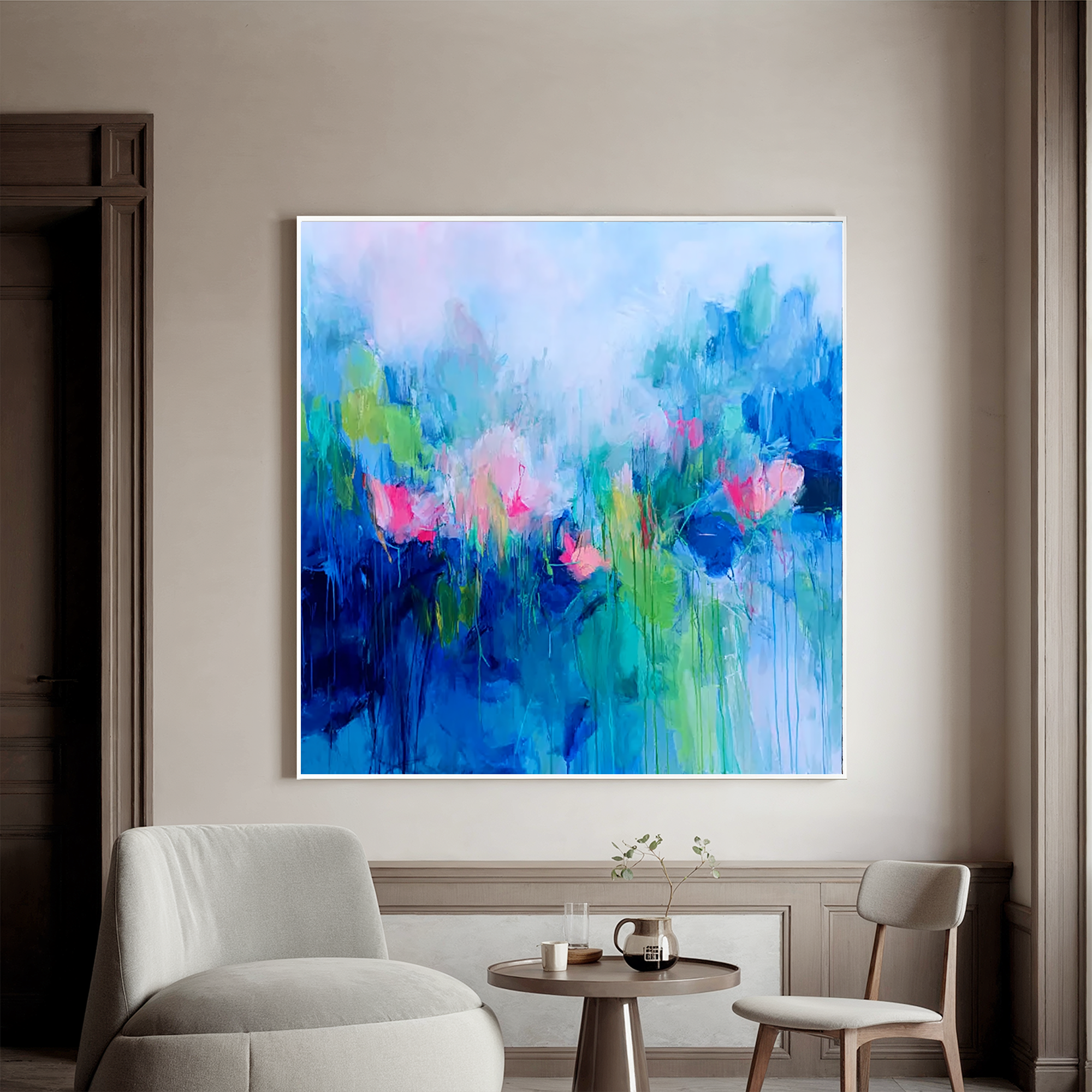 Abstract Blue Floral Oil Painting Canvas – Modern Pink Flower Wall Art for Living Room Contemporary Home Decor#OA 0502