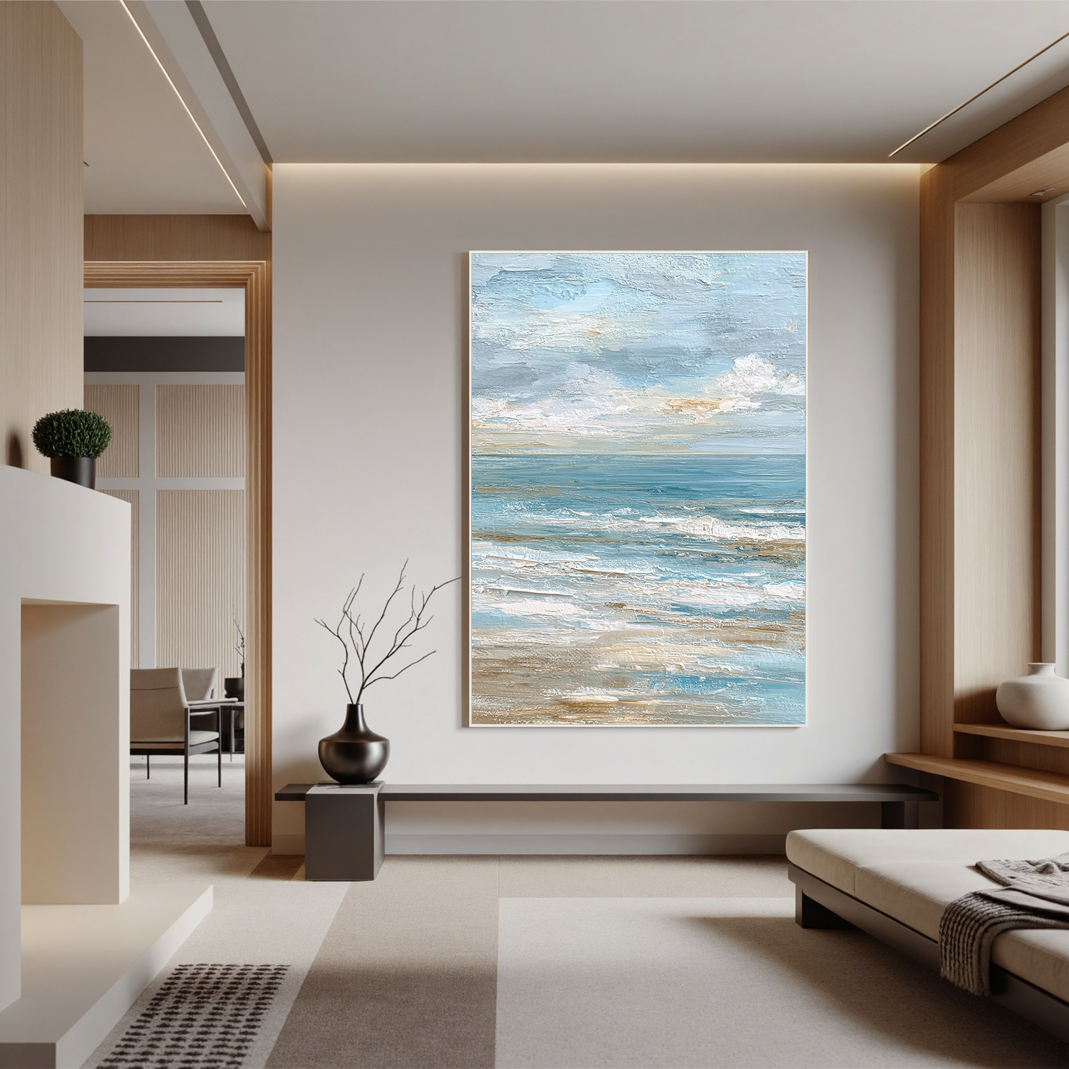 Large Vertical Coastal Seascape Canvas Wall Art – Soft Blue Ocean Waves Painting for Beach House Decor#OA 0841