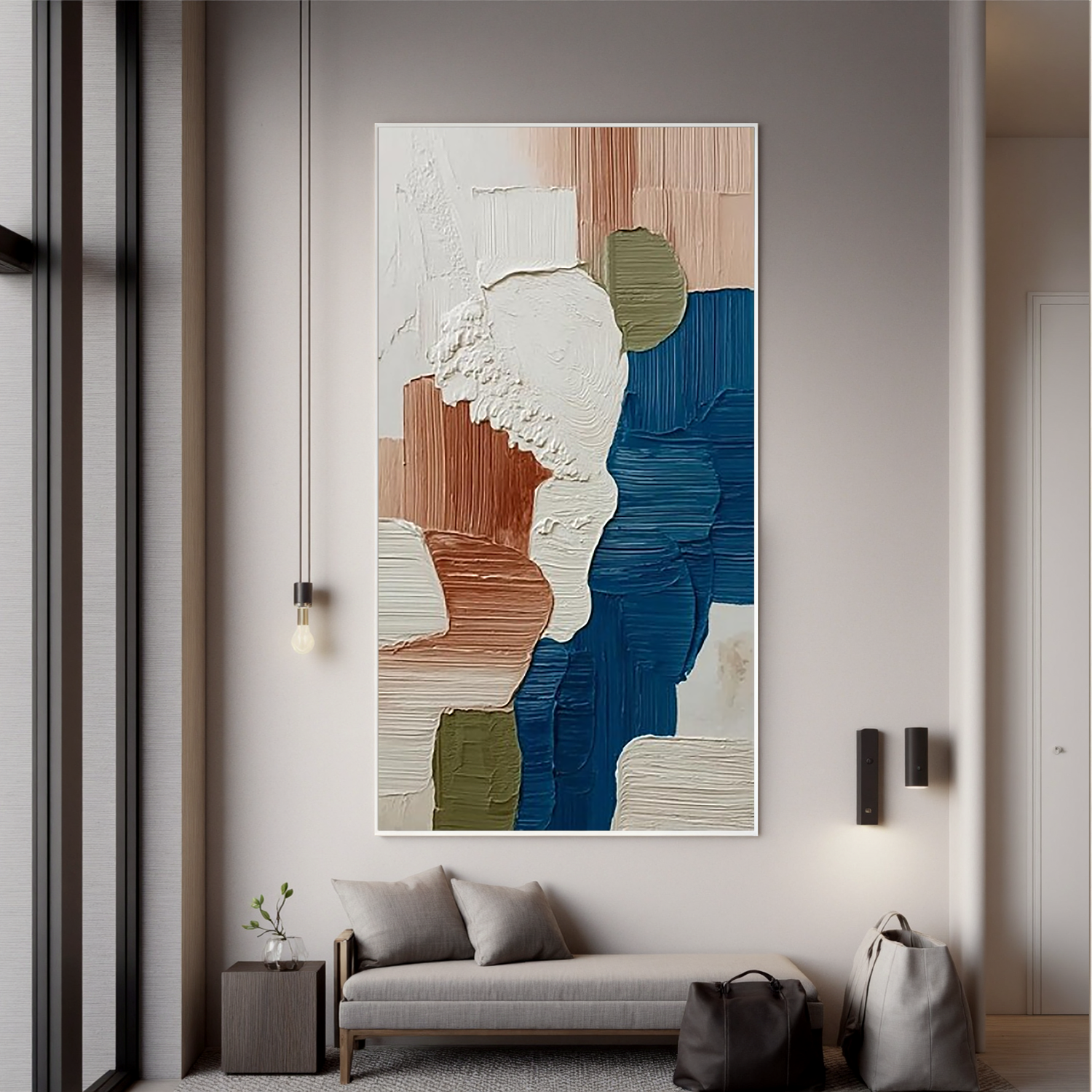 Large Textured Abstract Wall Art – Modern Neutral & Blue Palette Canvas Painting for Contemporary Living Room Decor