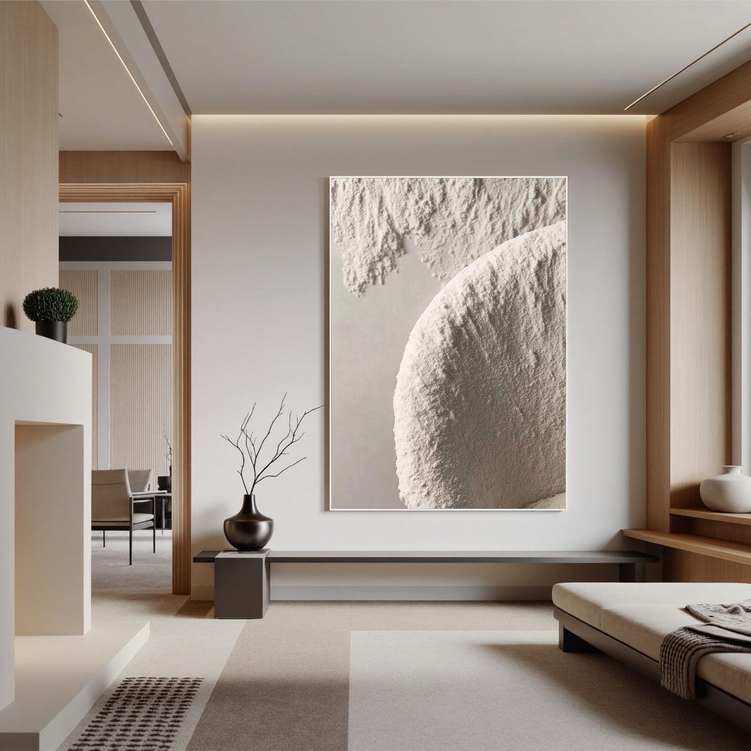 Minimal White Textured Abstract Wall Art, Neutral Arc Canvas Painting for Modern Living Room Décor #OA0001