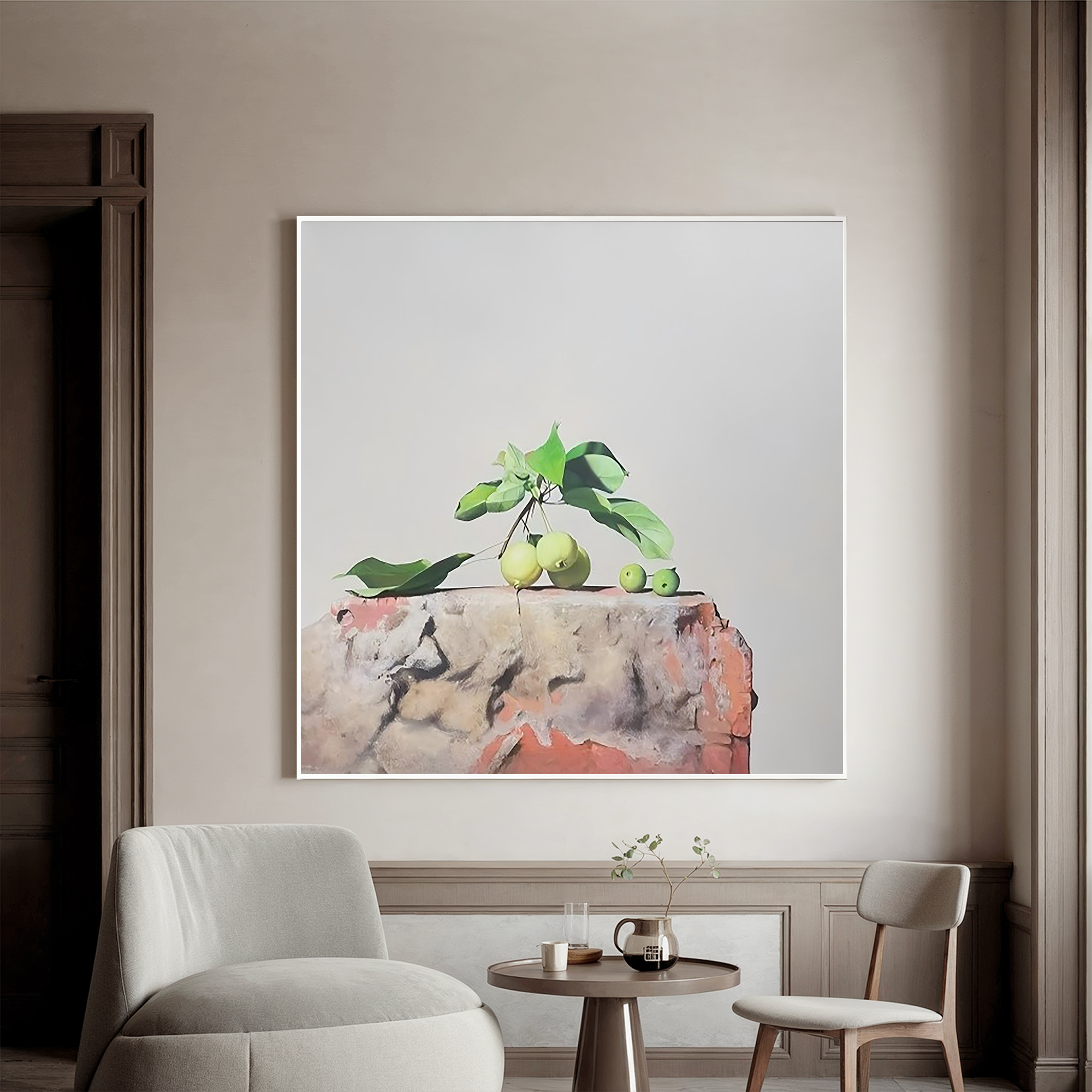 Green Apples on the Stone-Minimalist Green Apple Still Life Wall Art