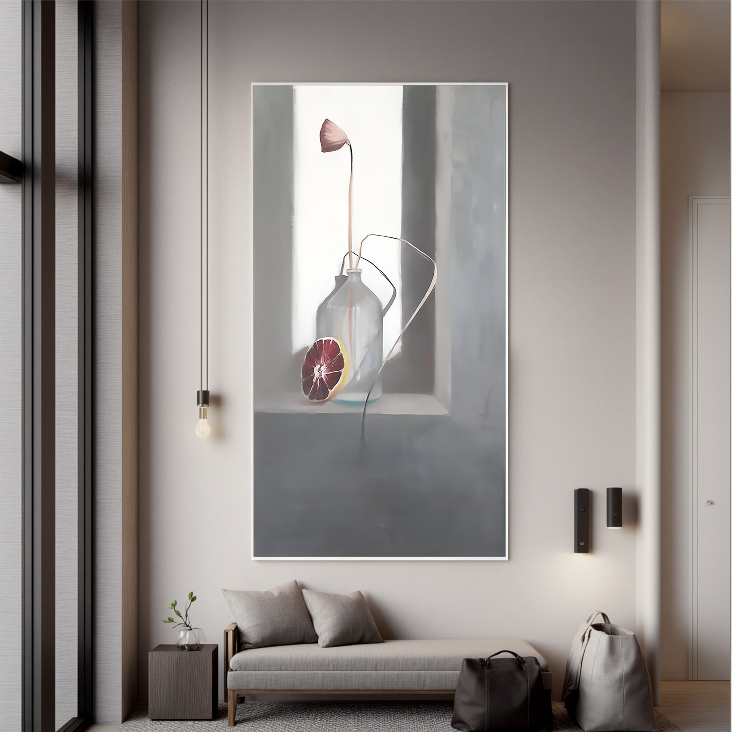 Bottle with Grapefruit-Minimalist Bottle Still Life Wall Art