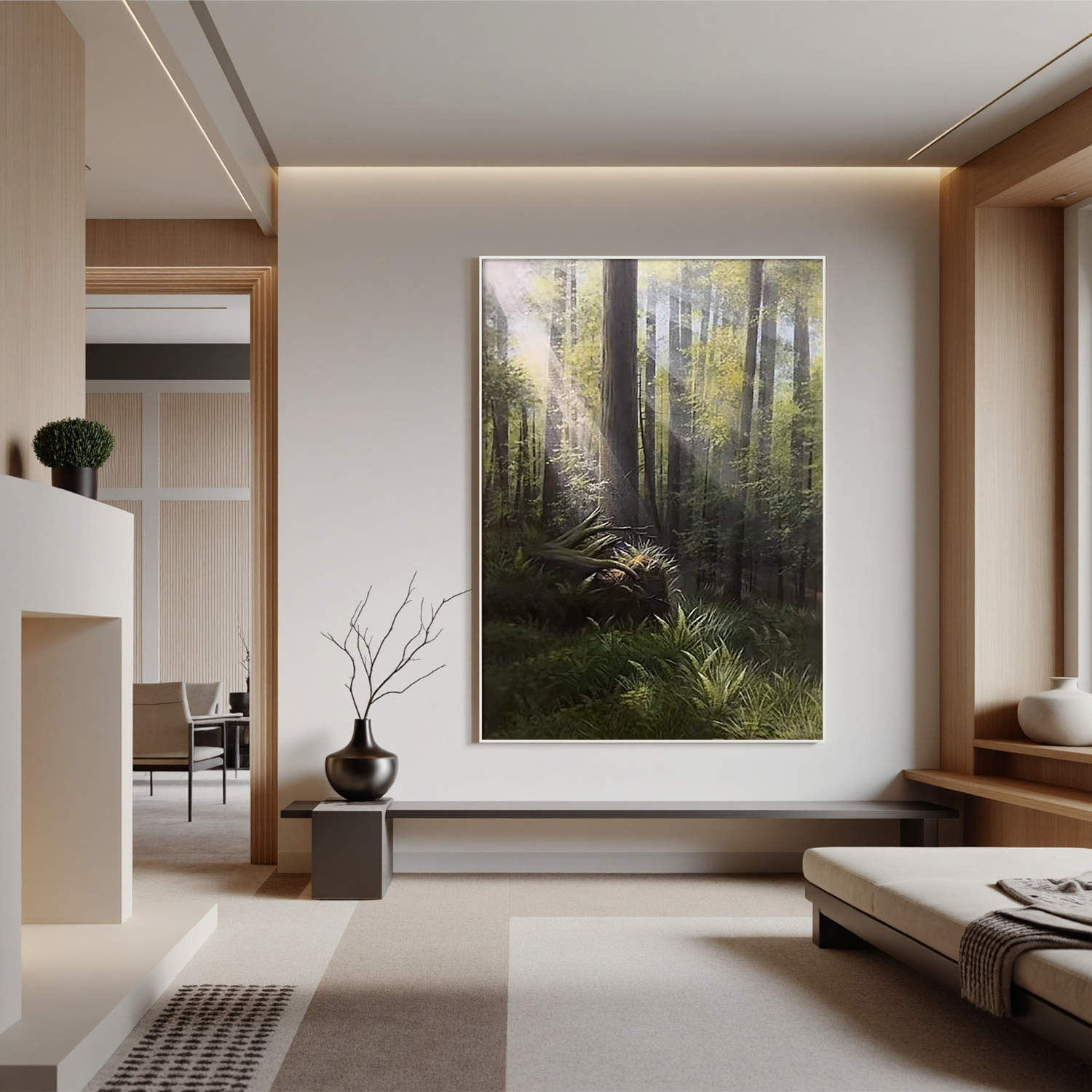 Sunlit Forest Wall Art, Serene Woodland Landscape Canvas Painting for Living Room and Bedroom Decor #OA 0769
