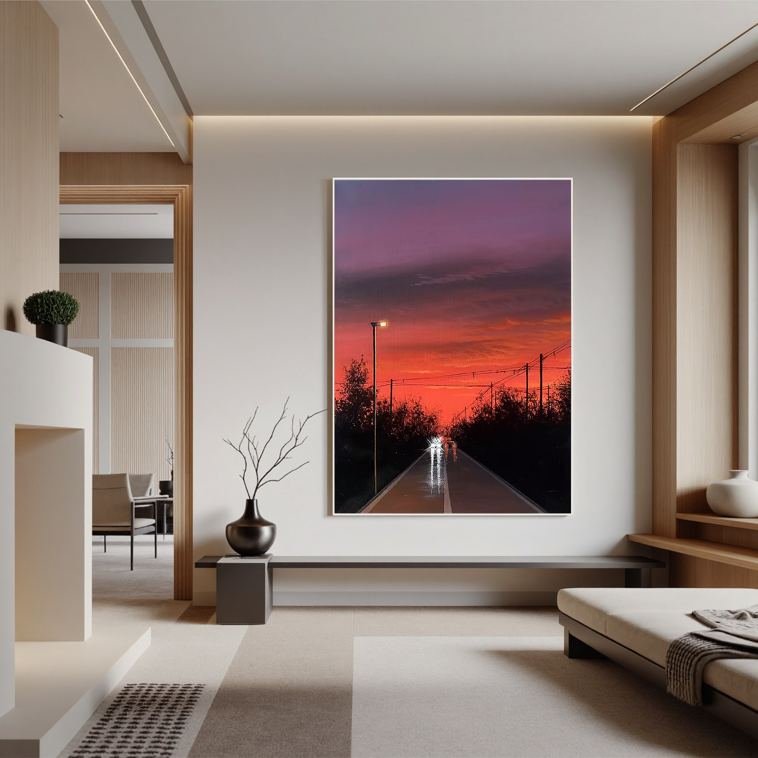 Fiery Sunset Road Wall Art, Moody Urban Landscape Canvas Painting with Streetlight Reflections for Modern Living Room Decor #OA 0788