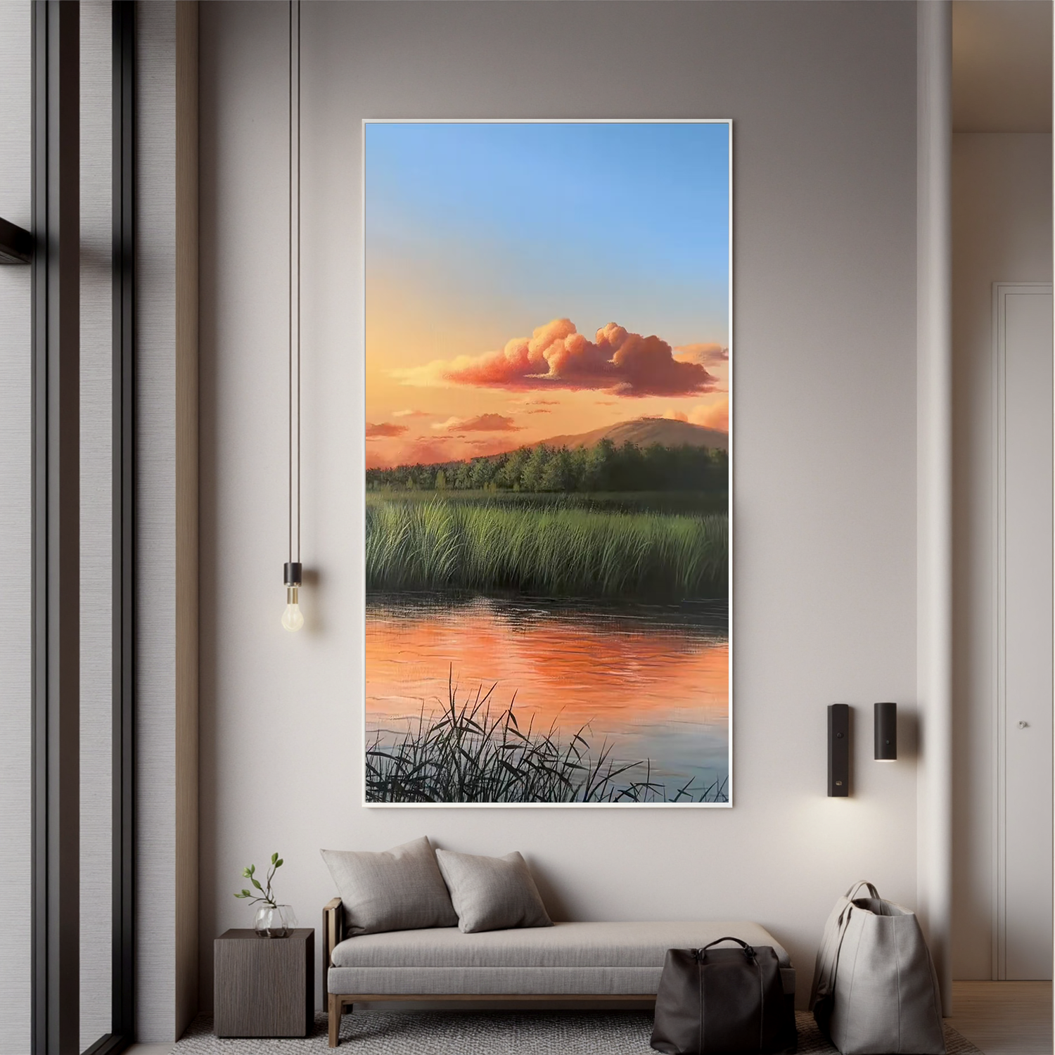 Sunset Marsh Landscape Wall Art, Serene Lake Reflection Canvas Painting, Nature Scenic Wall Decor for Living Room #OA 0782
