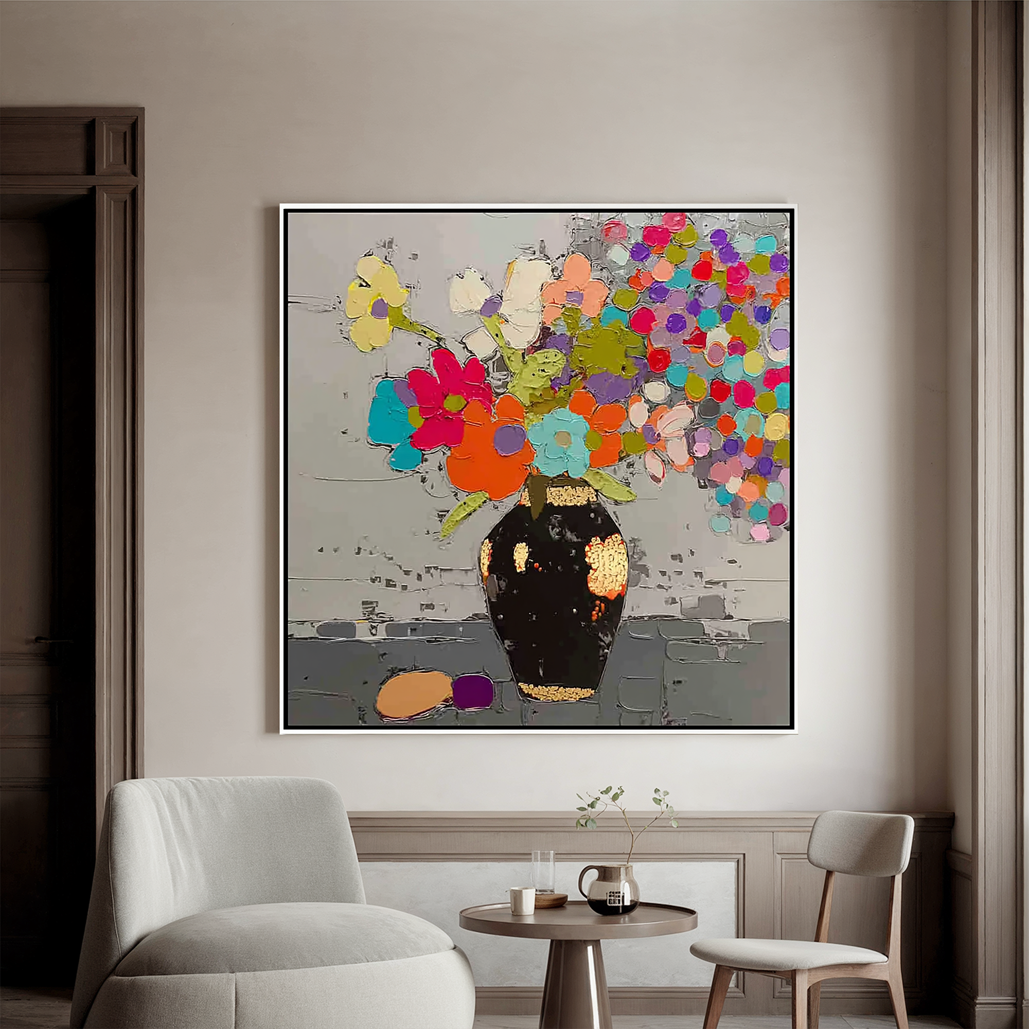 Colorful Floral Oil Painting Canvas – Modern Abstract Flower Vase Wall Art for Living Room Home Decor#OA 0458