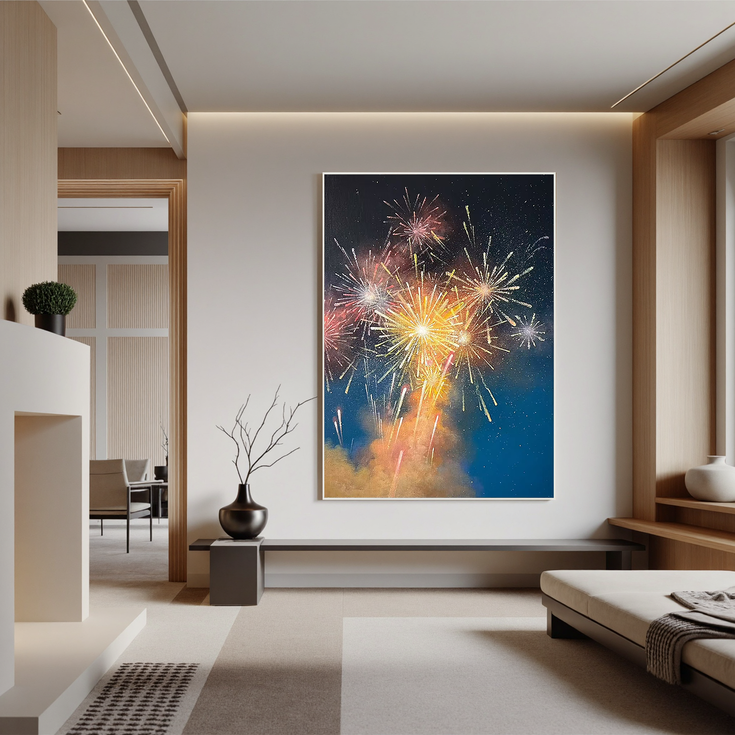 Colorful Fireworks Night Sky Wall Art โ Celebration Canvas Painting for Living Room and Party Decor #OA 0799