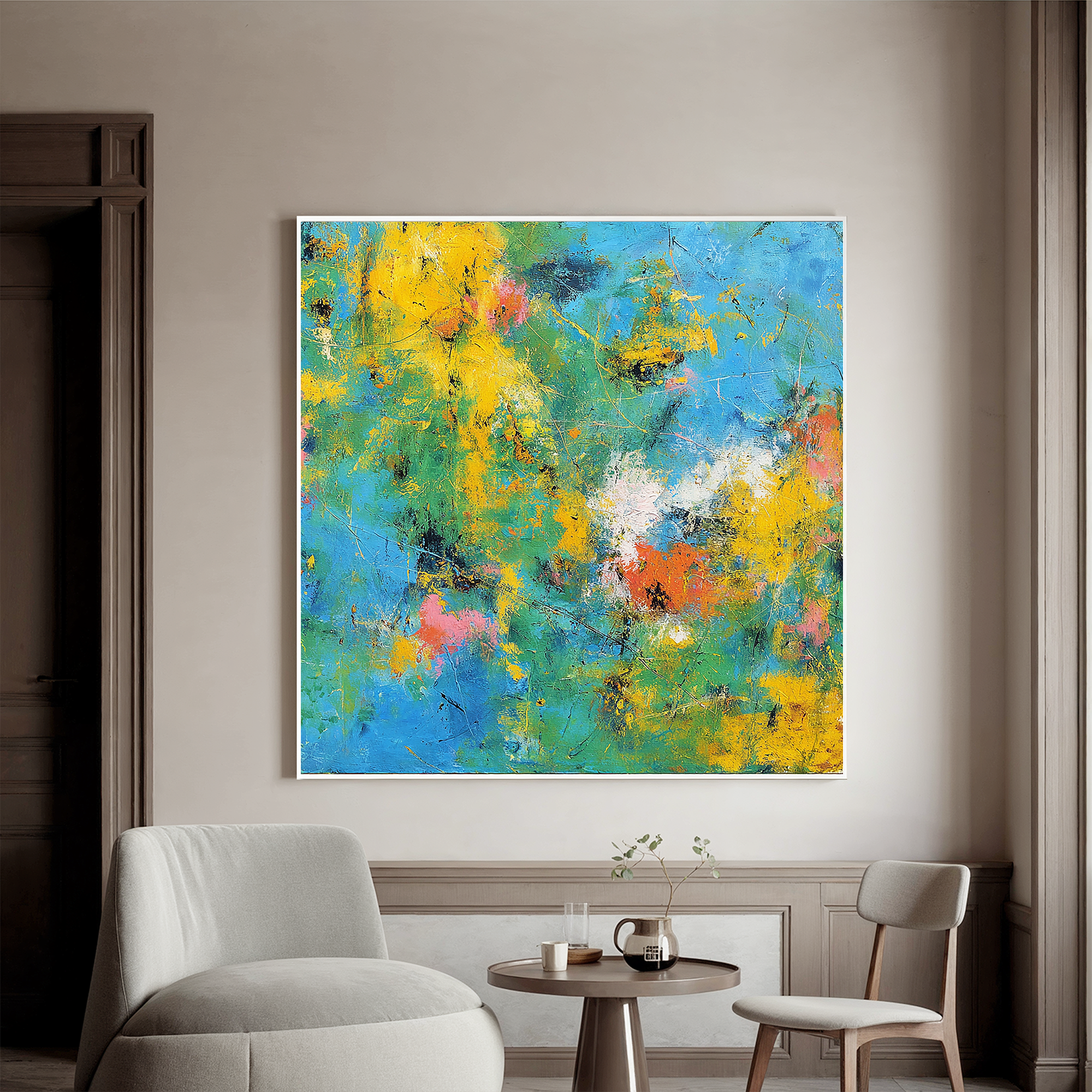 Abstract Colorful Oil Painting Canvas – Blue Green Yellow Modern Wall Art for Living Room Contemporary Home Decor#OA 0491