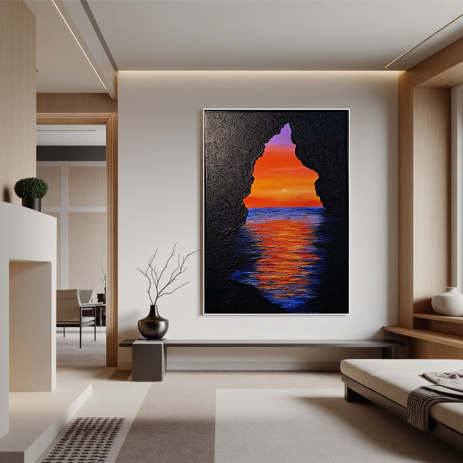 Sunset Ocean Cave Oil Painting, Dramatic Seascape Wall Art for Living Room Decor#OA 0597