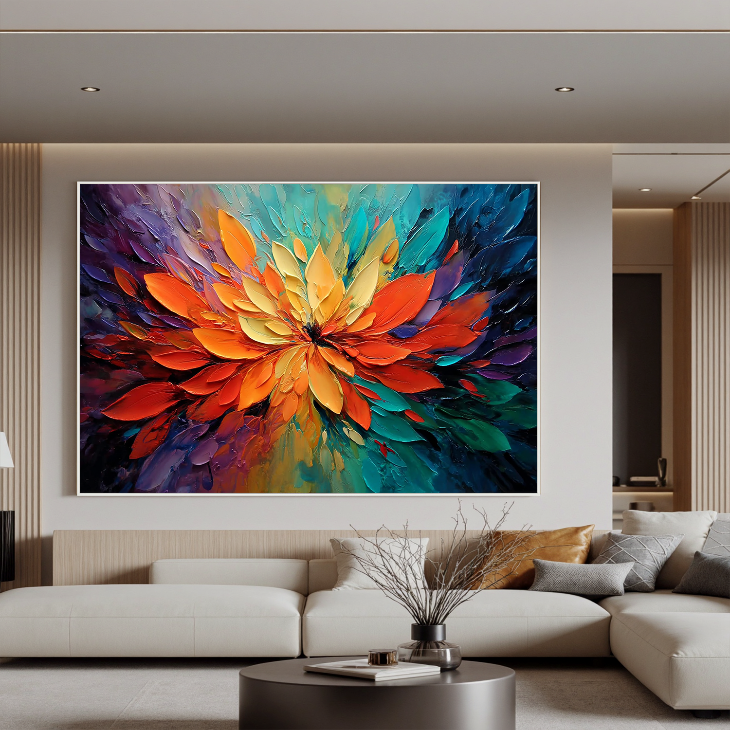 Abstract Floral Oil Painting Canvas – Vibrant Orange Flower Wall Art for Living Room Modern Home Decor #OA 0478