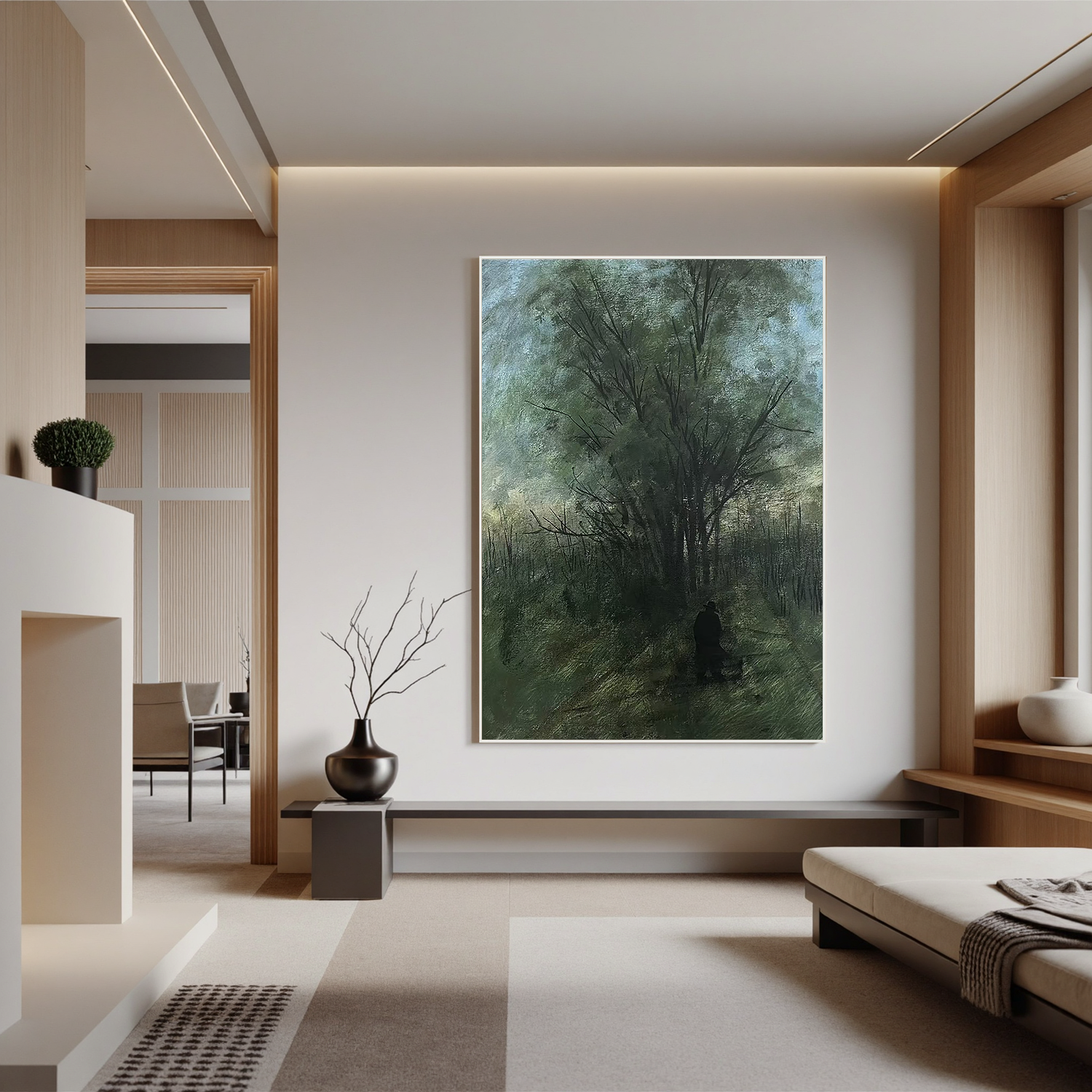 Moody Forest Wall Art with Lone Figure, Misty Woodland Landscape Canvas Painting for Living Room Decor #OA 0776