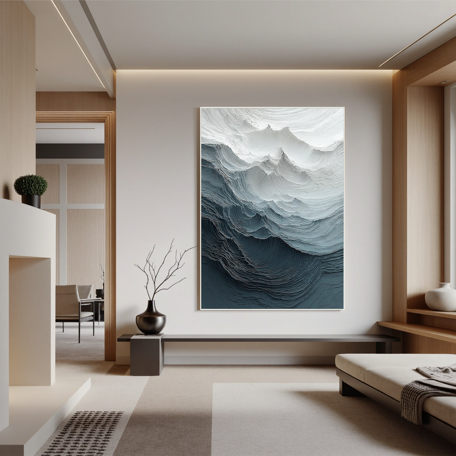 Textured Mountain Oil Painting, Blue Gray Abstract Landscape Wall Art for Living Room Decor#OA 0585