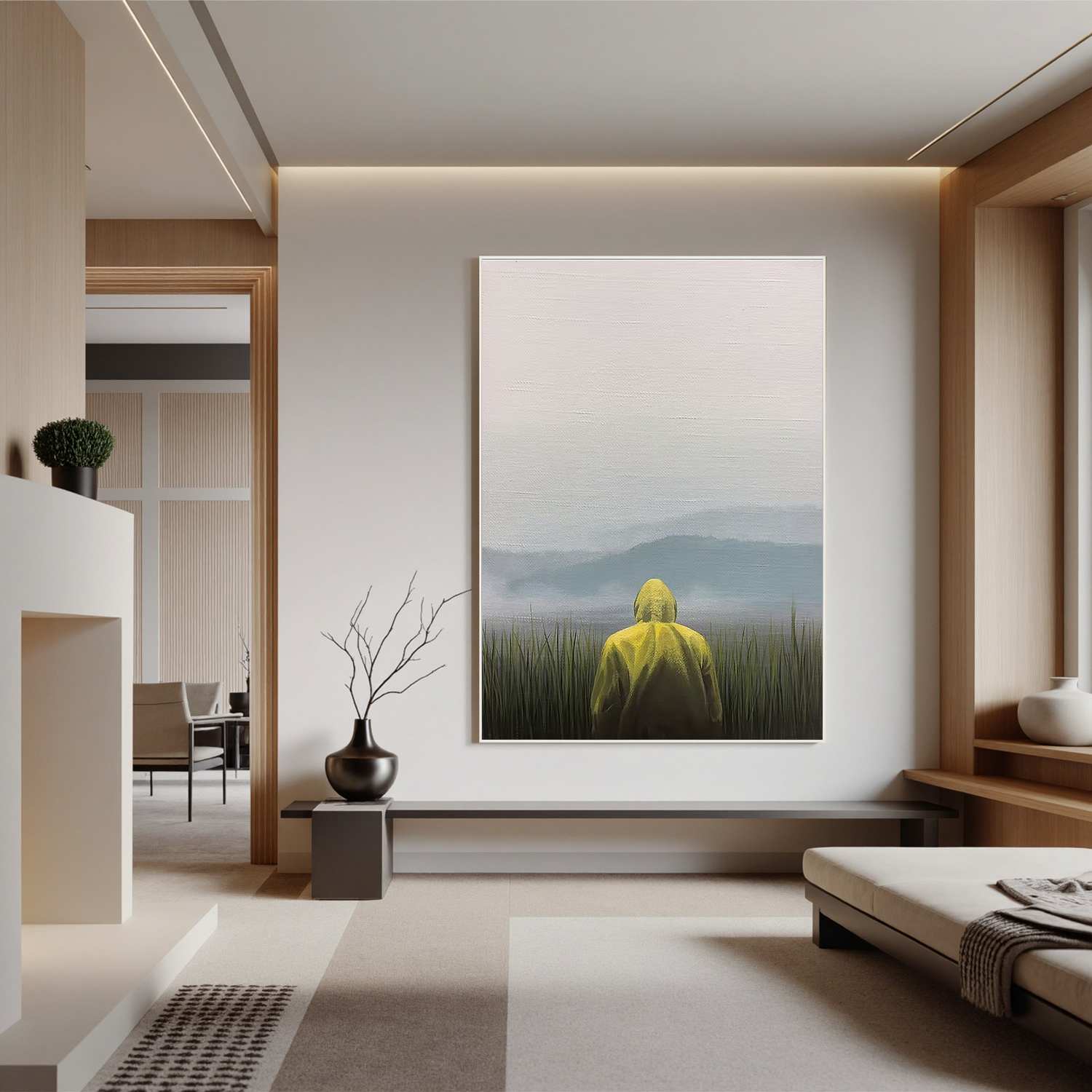 Misty Lake Landscape Wall Art with Yellow Raincoat Figure – Minimalist Nature Canvas for Living Room Decor #OA 0807