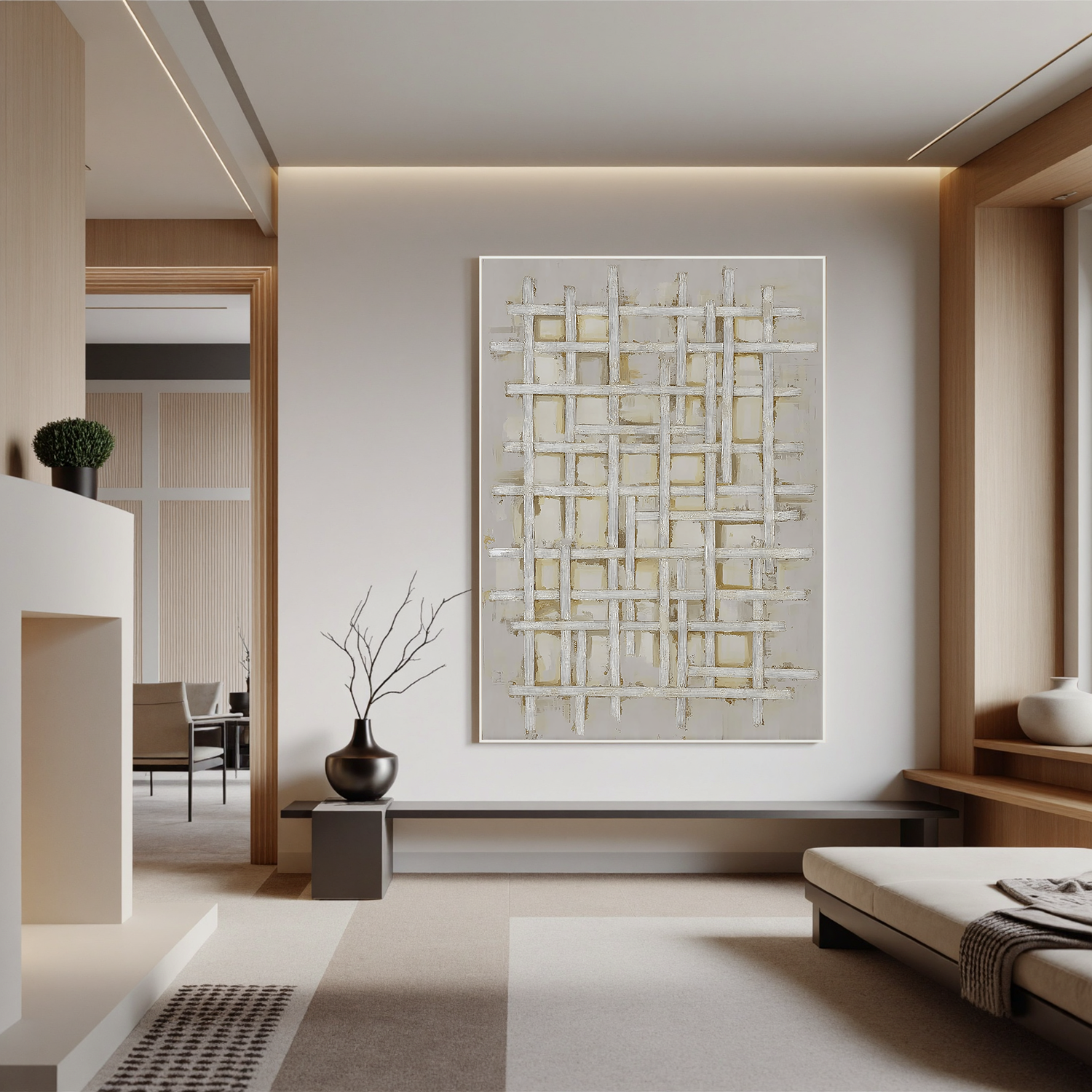 White Textured Abstract Oil Painting, Minimalist Woven Wall Art for Living Room Decor#OA 0559