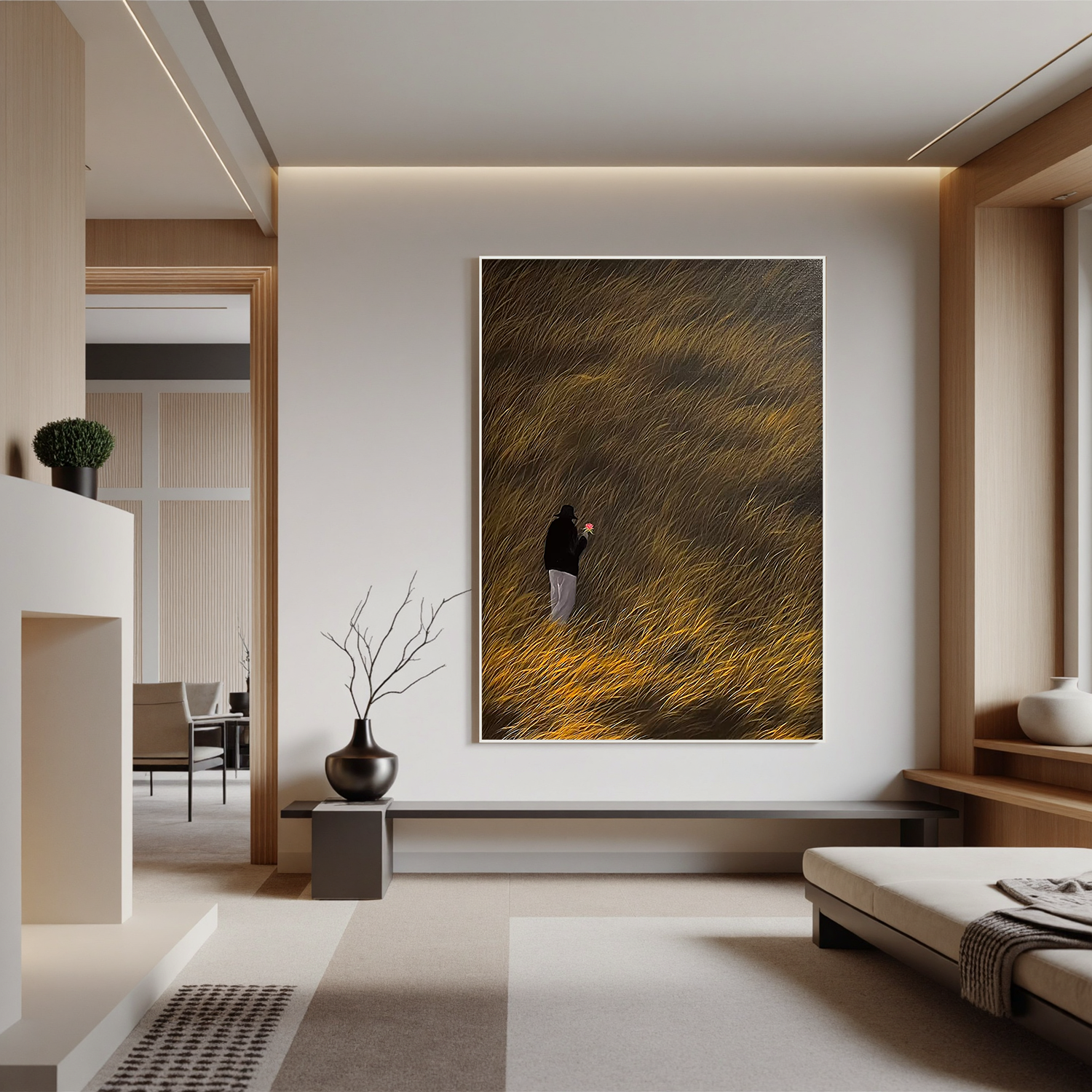 Golden Meadow Silhouette Wall Art โ Romantic Figure in Tall Grass Landscape Canvas for Living Room Decor #OA 0802