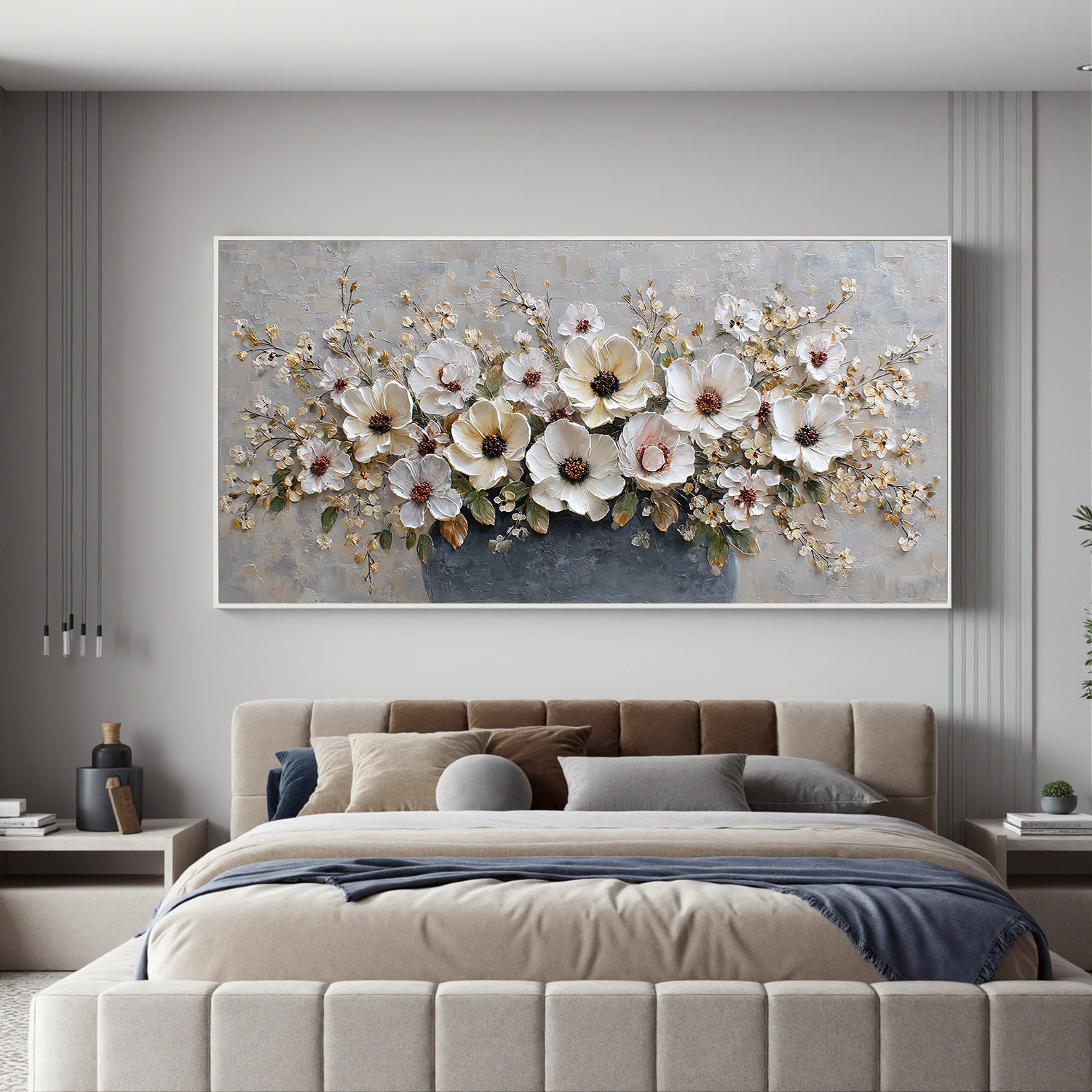 Large Floral Canvas Wall Art – Elegant White Flower Bouquet Painting in Vase for Living Room Decor#OA 0845
