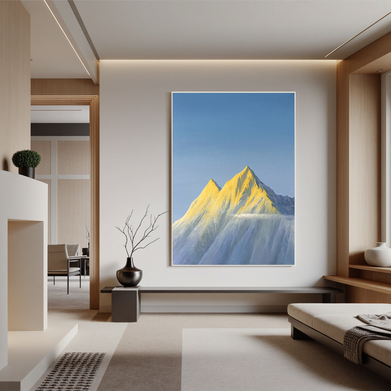 Golden Snow-Capped Mountain Wall Art, Minimalist Alpine Landscape Canvas Painting for Modern Living Room Decor #OA 0792