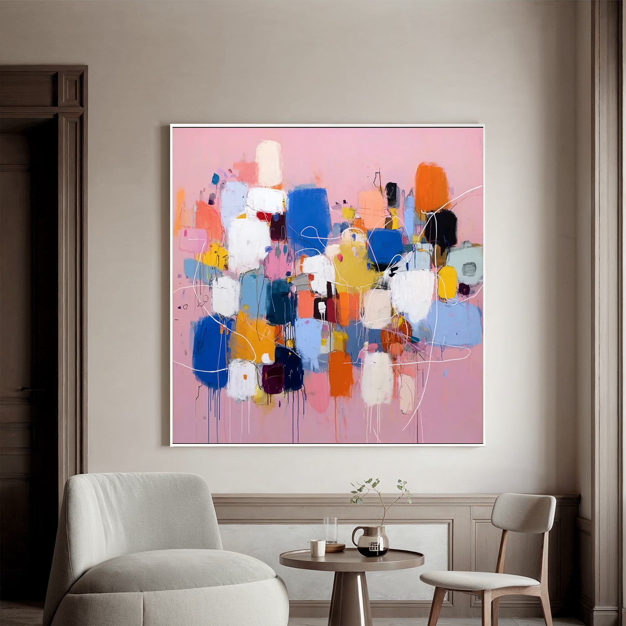 Abstract Pink Color Block Oil Painting Canvas – Modern Geometric Wall Art for Living Room Contemporary Home Decor#OA 0494
