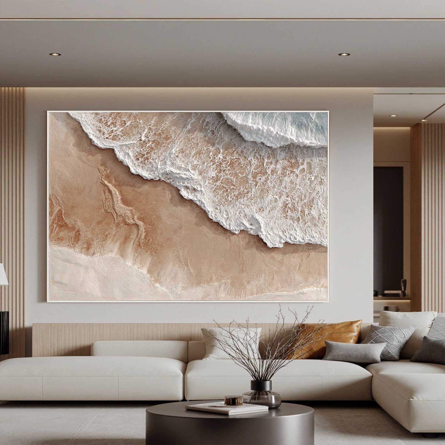 Large Neutral Ocean Wave Canvas Painting | Modern Coastal Beach Wall Art Handmade Oil Painting#OA0002