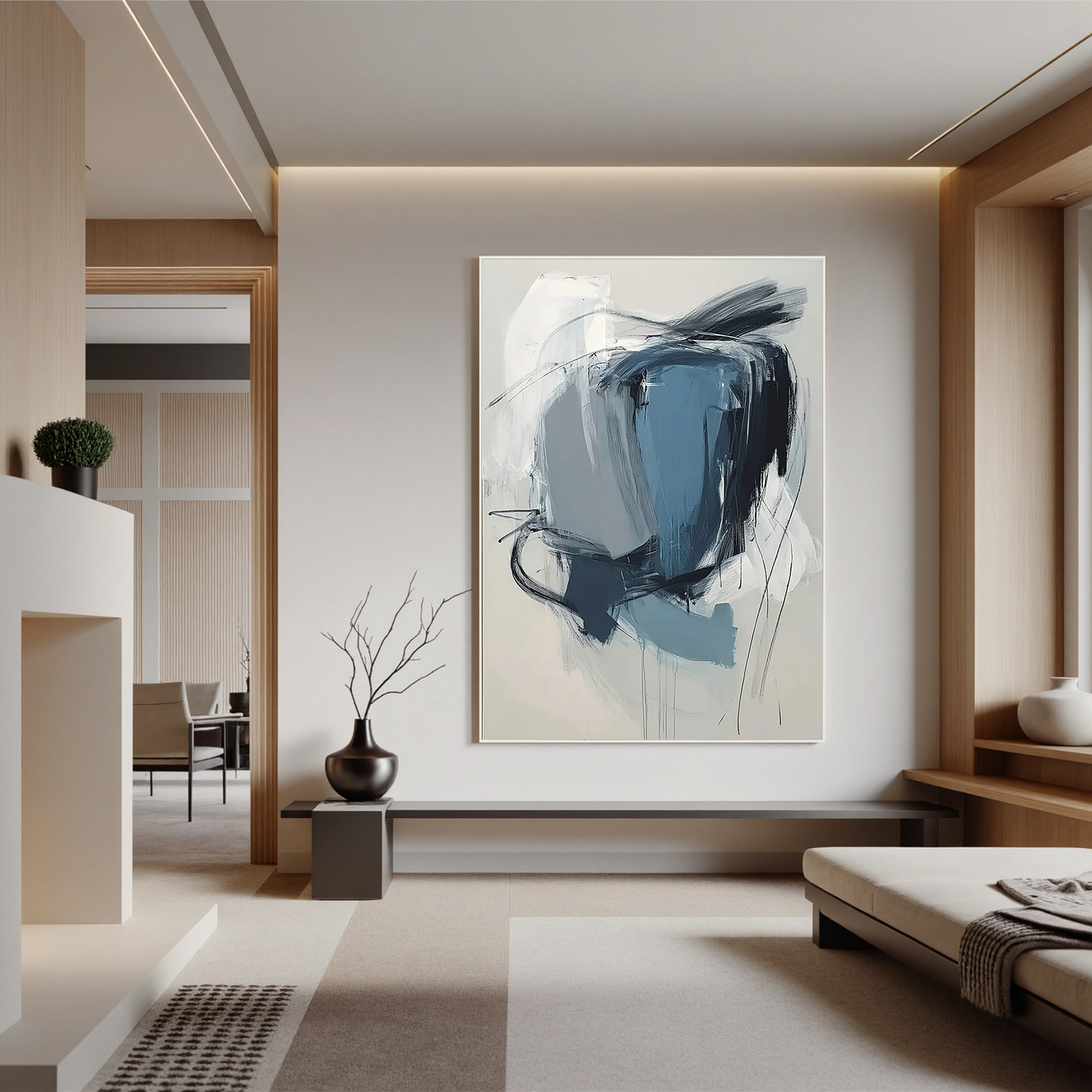 Blue Gray Abstract Oil Painting, Modern Minimalist Wall Art for Living Room Decor #OA 0594