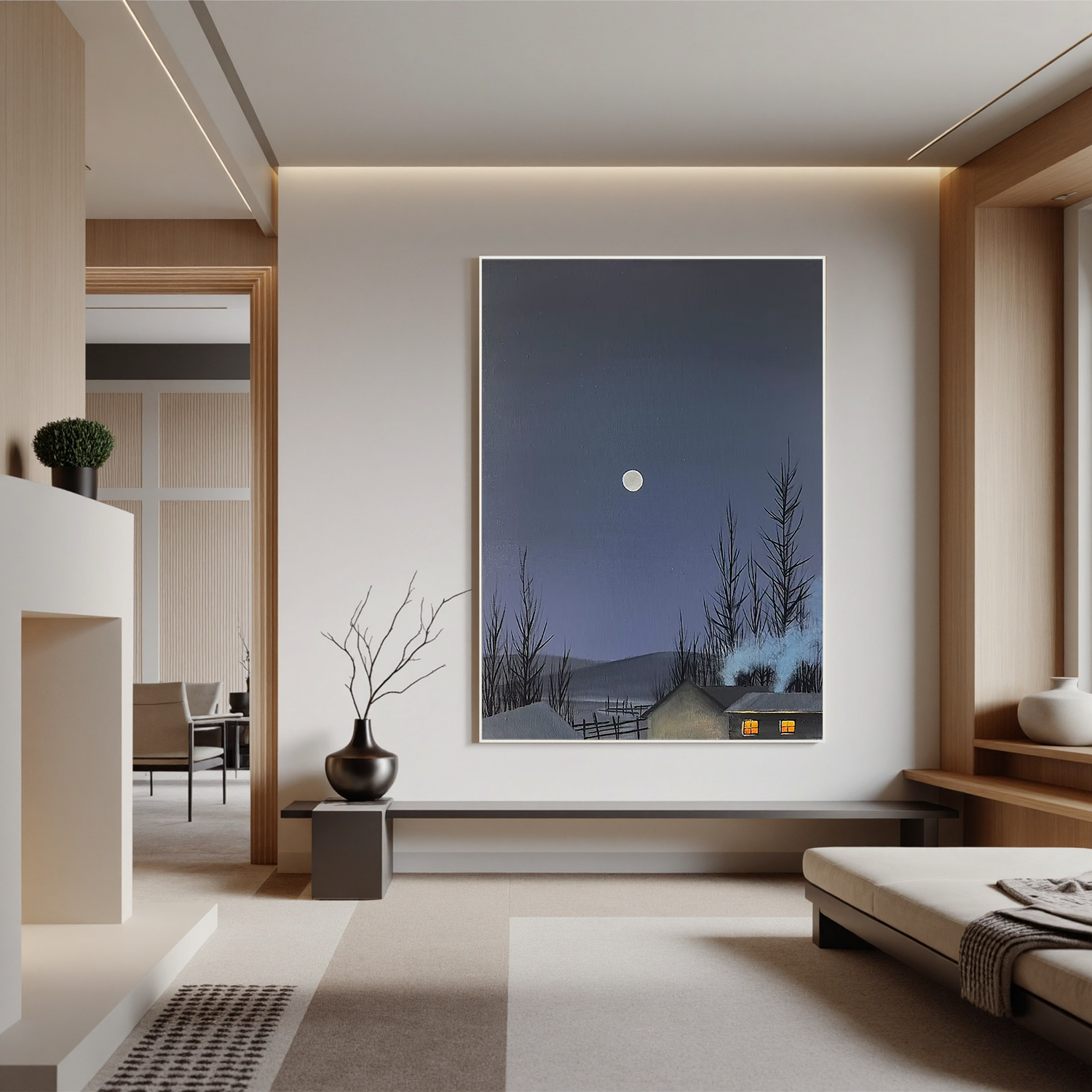 Moonlit Winter Cabin Wall Art – Snowy Night Landscape Canvas Painting for Living Room Decor #OA 0817