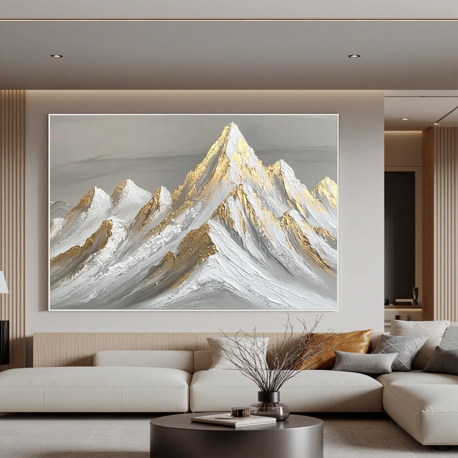 Gold Textured Mountain Oil Painting | Luxury Abstract Snow Mountain Wall Art for Modern Living Room #OA 0428