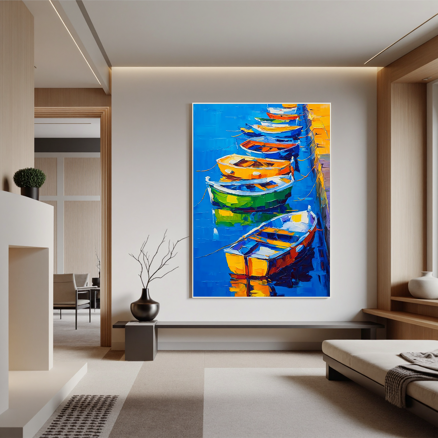 Colorful Boat Oil Painting, Blue Harbor Coastal Wall Art for Living Room Decor#OA 0574