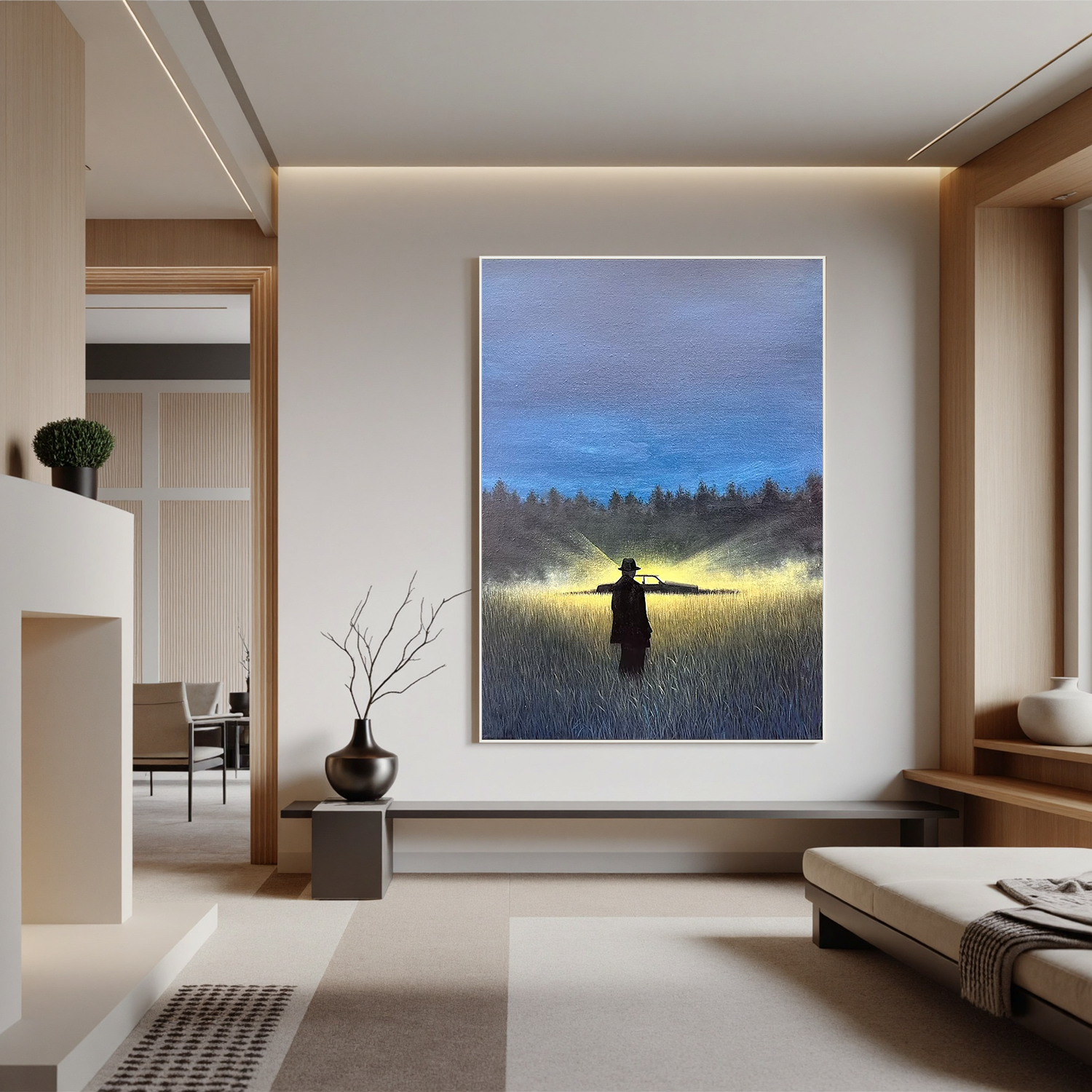 Mysterious Night Landscape Wall Art with Silhouette Figure and Car Headlights – Cinematic Canvas Painting for Modern Home Decor #OA 0796