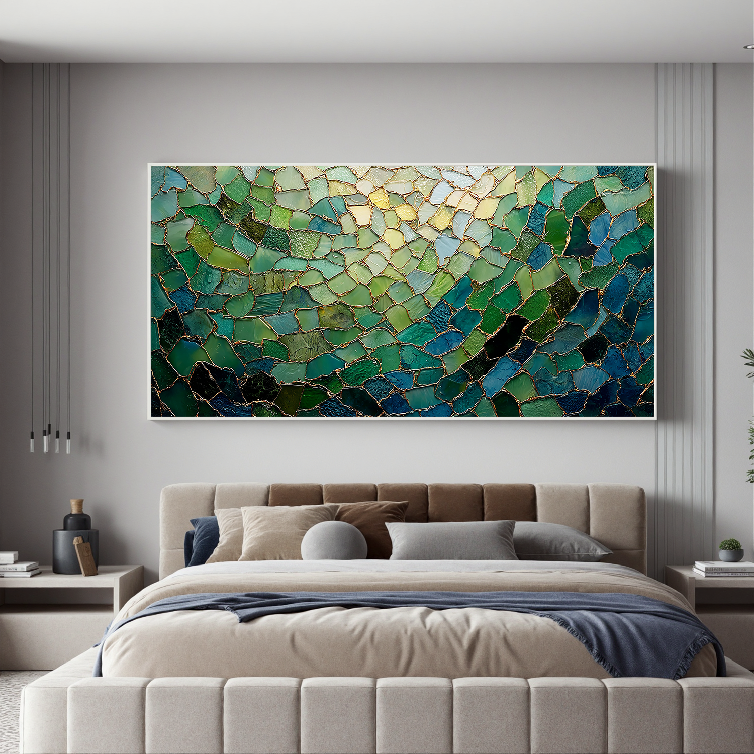 Green Abstract Mosaic Wall Art – Modern Emerald and Gold Textured Canvas Painting for Living Room Decor #OA 0818