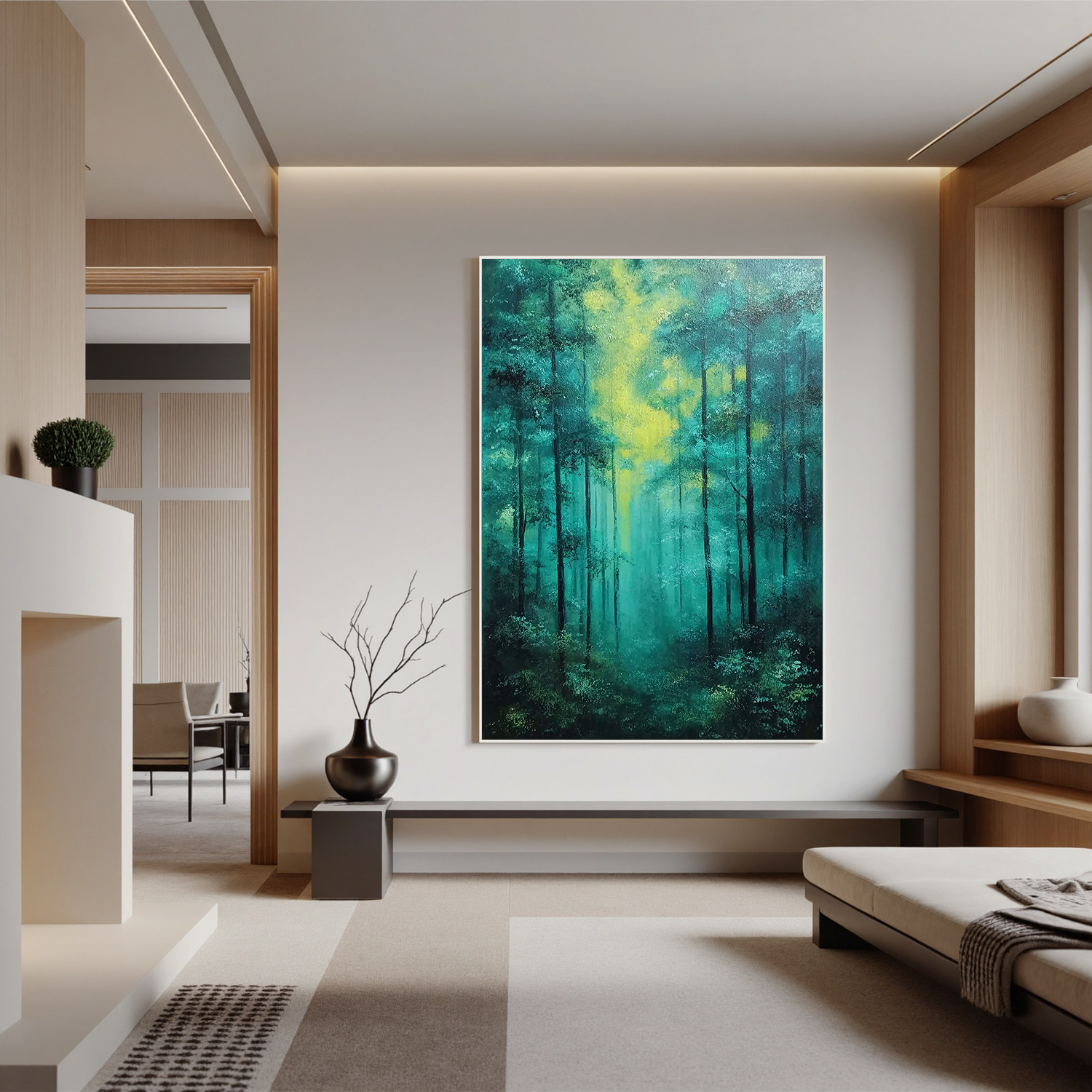 Misty Forest Oil Painting, Green Woodland Landscape Wall Art for Living Room Decor#OA 0592