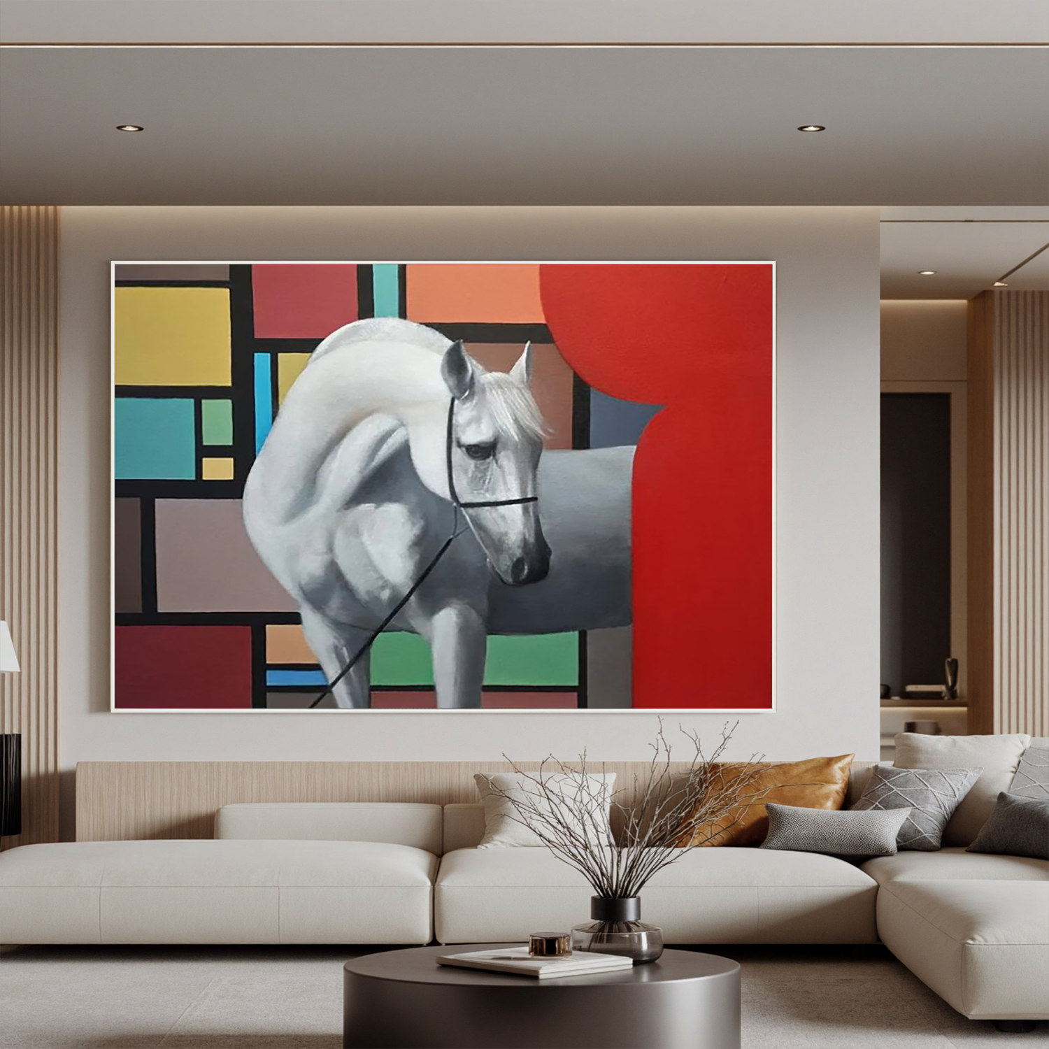 White Horse and Color Blocks-Modern White Horse Abstract Wall Art