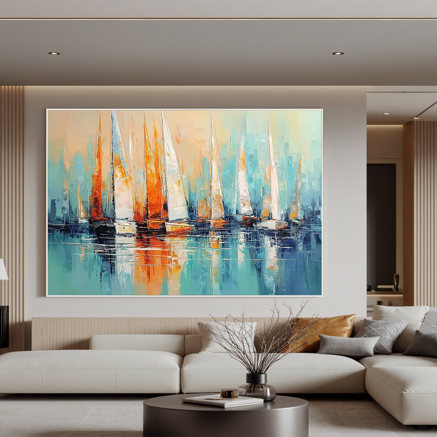 Abstract Sailboat Oil Painting Wall Art – Modern Coastal Canvas Artwork for Living Room Nautical Home Decor #OA 0434