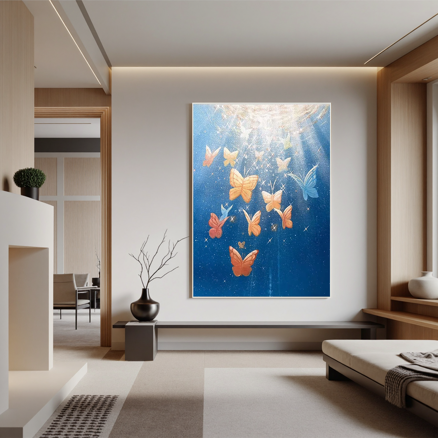 Dreamy Butterfly Wall Art, Celestial Blue Sky Canvas Painting with Light Rays, Whimsical Nature Decor for Living Room or Bedroom #OA 0787