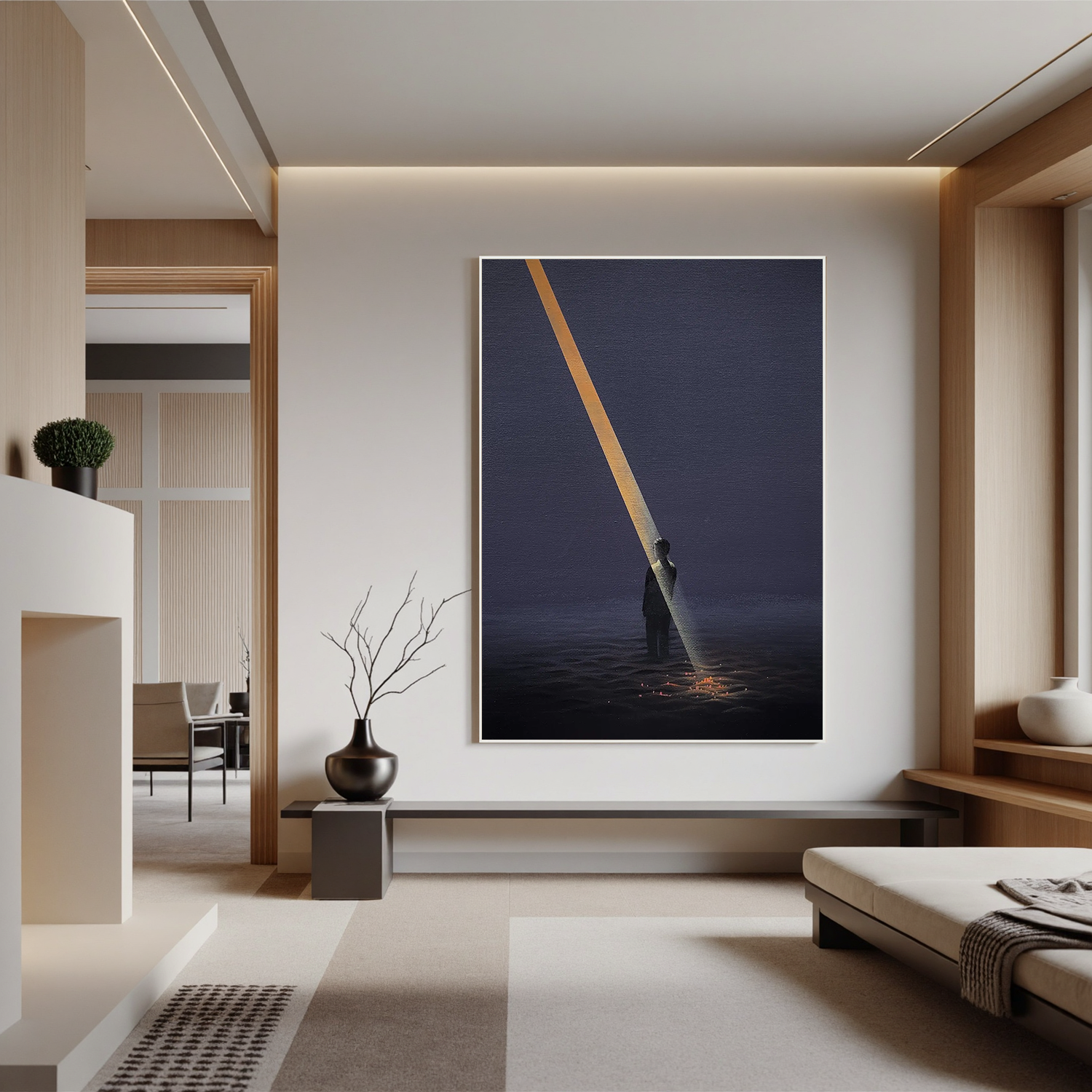 Surreal Beam of Light Wall Art, Solitary Figure in Dark Minimalist Landscape Canvas for Living Room Decor #OA 0739