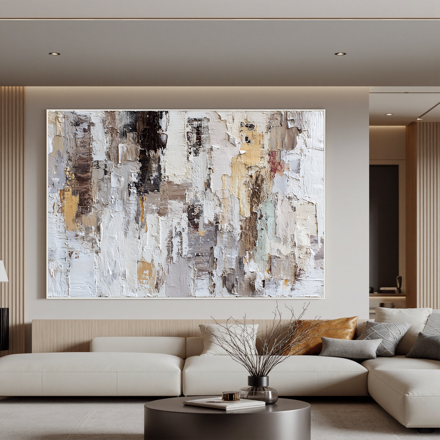 Large Horizontal Neutral Textured Wall Art – Beige Brown Abstract Canvas for Modern Living Room Decor#OA 0835