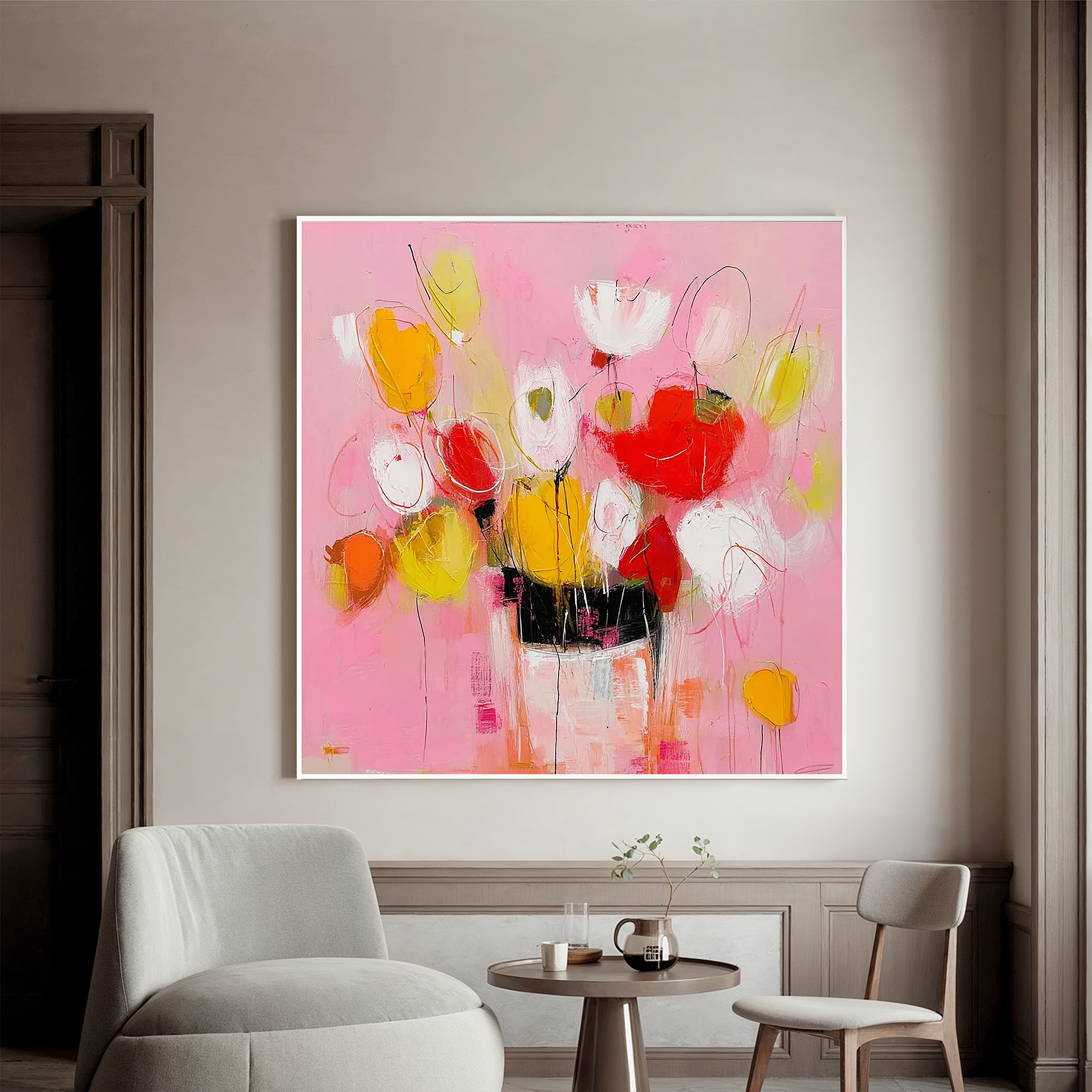 Pink Floral Oil Painting Canvas – Modern Abstract Flower Vase Wall Art for Living Room Home Decor#OA 0487