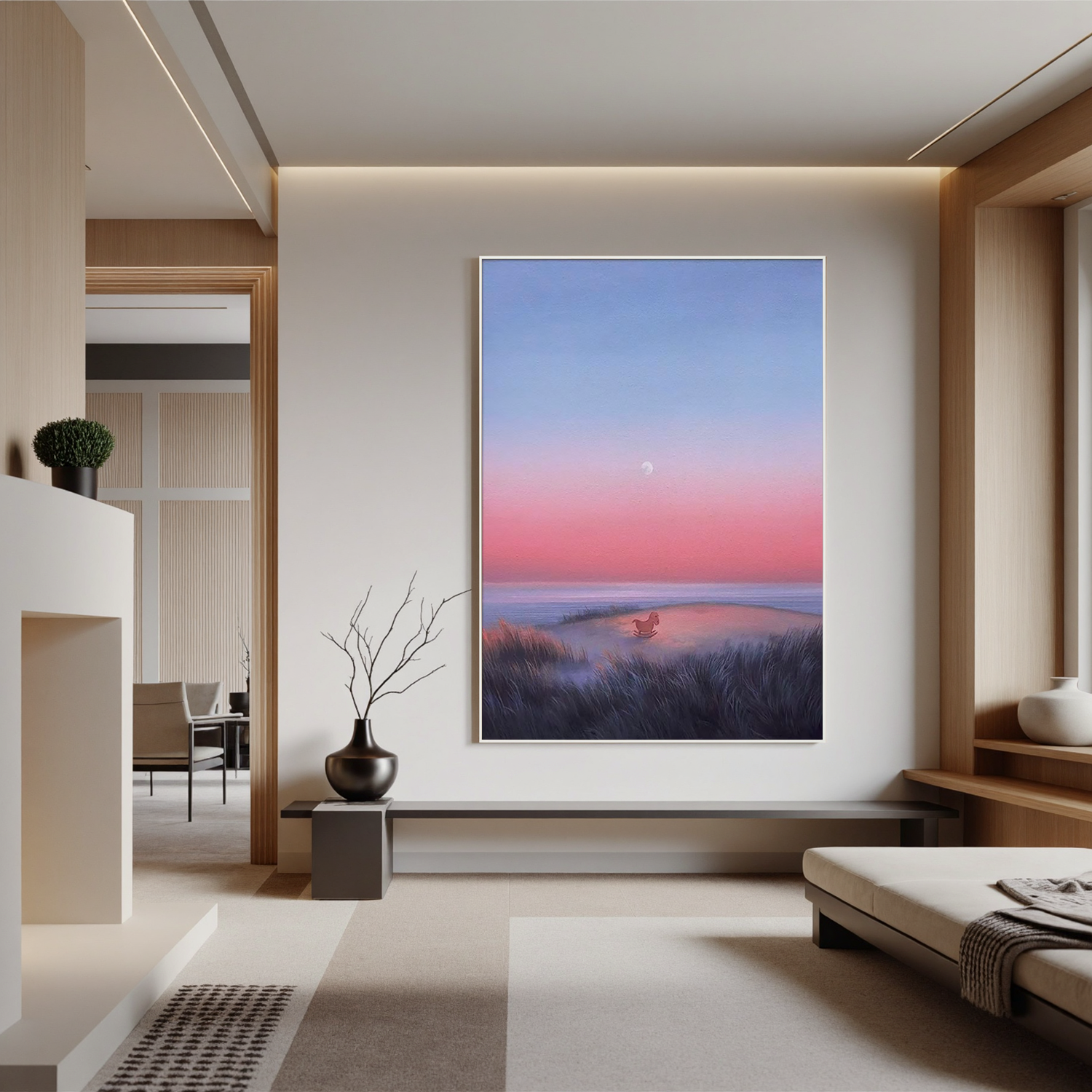 Dreamy Coastal Sunset Wall Art with Rocking Horse, Pastel Pink and Blue Seascape Canvas for Nursery or Living Room Decor #OA 0733